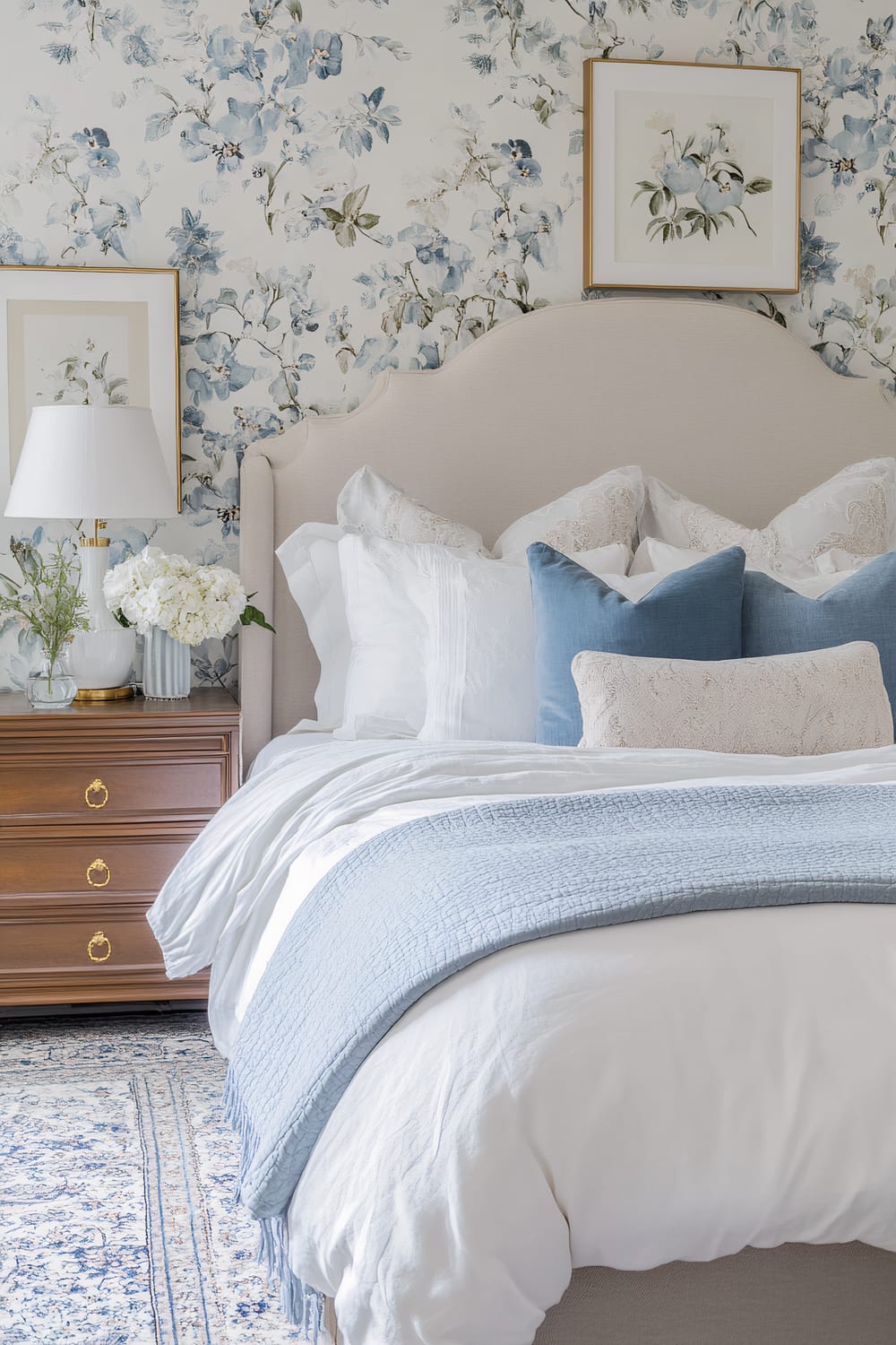 The image displays an elegant bedroom featuring a plush bed adorned with white and blue pillows and a light blue throw blanket. The wall behind the bed showcases a sophisticated floral wallpaper in shades of blue and white. To the left of the bed is a classic wooden nightstand with brass drawer handles, decorated with a white lamp, a vase of white flowers, and a small plant. Two framed floral artworks hang on the wall above the nightstand and the bed.