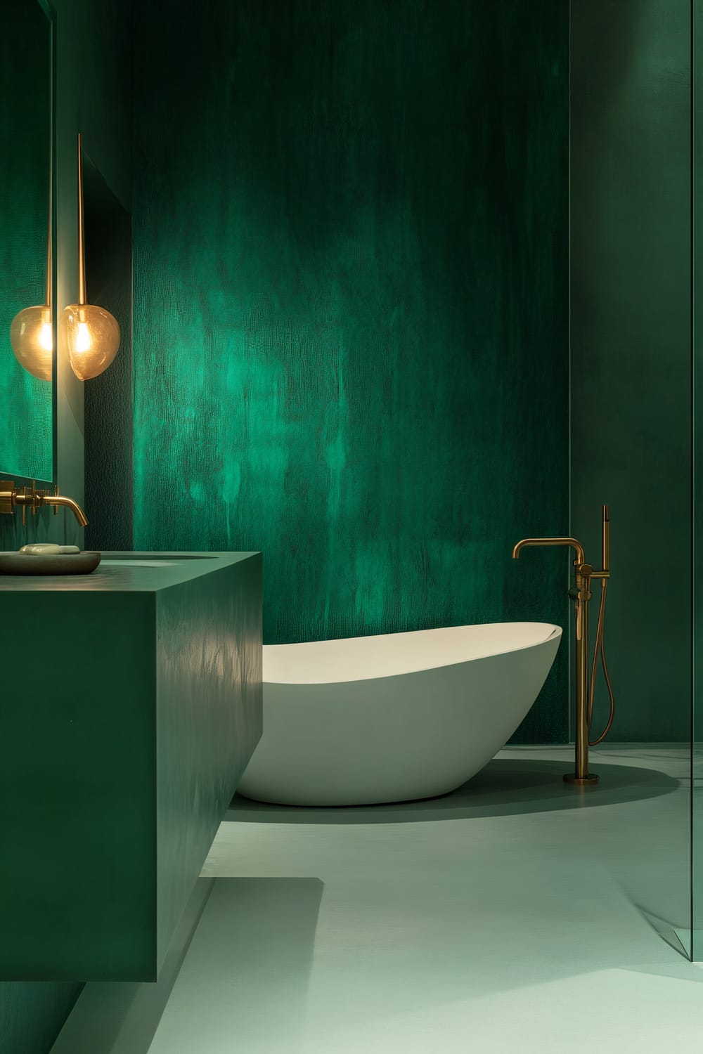 Luxurious bathroom featuring green walls and a white, freestanding bathtub. The room is accentuated with brass fixtures, including a sleek faucet and a modern light fixture with a golden glass bulb. The overall ambiance is serene with a harmonious blend of colors and minimalist design.