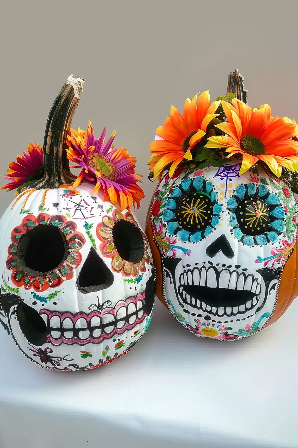 Two intricately decorated pumpkins painted as colorful sugar skulls are displayed against a plain background. The pumpkins feature bright floral designs, detailed face paint resembling traditional sugar skulls with large carved eyes, noses, and mouths, and are each topped with vibrant flower crowns in shades of orange, yellow, and purple.