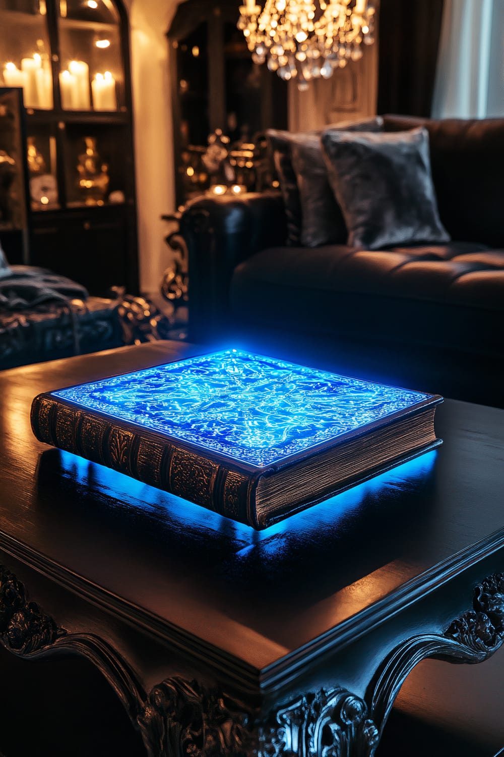 A large, ornate book with a cover glowing a mystical blue color rests on a black coffee table, supported by a detailed cast-iron stand. The room is dimly lit with a chandelier above and candles along the walls casting long shadows, creating a dramatic ambiance. The seating in the background is dark and plush, contributing to the luxurious and magical atmosphere.