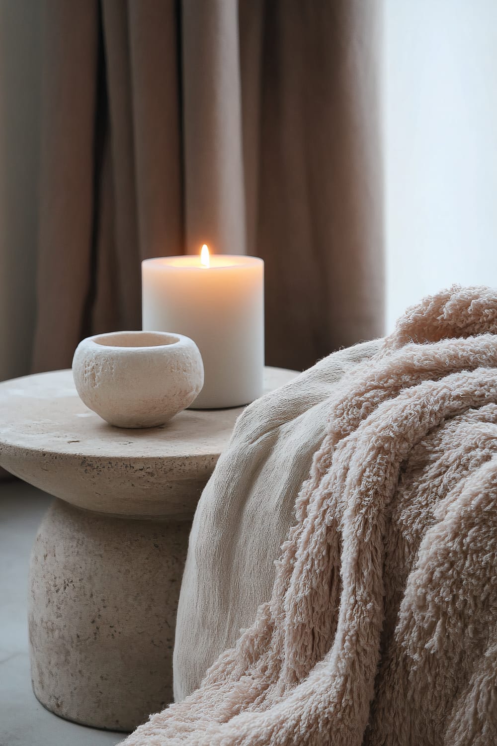 A round, minimalistic side table holds a single white candle and a small decorative beige object. Adjacent to the table is a plush, neutral-colored blanket, which drapes over a soft surface. The backdrop features neutral-toned curtains, highlighted by soft, focused lighting that accentuates textures.