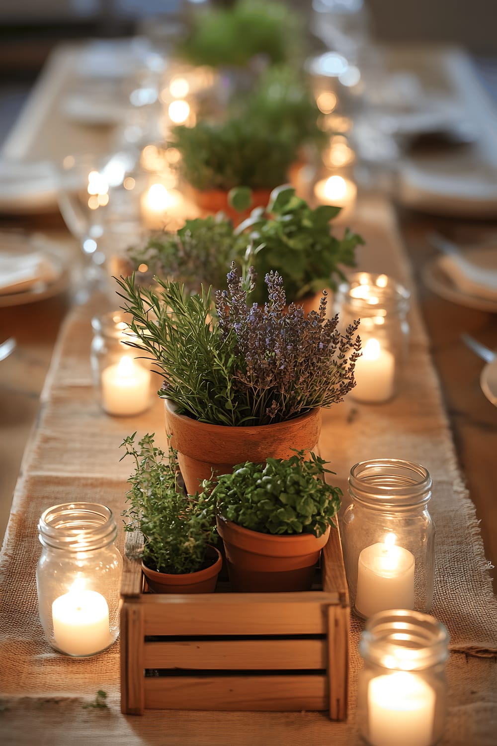 A rustic farmhouse centerpiece located on a weathered wooden table. The centerpiece includes a variety of fresh herbs like basil, parsley, and thyme housed in terracotta pots, surrounded by miniature mason jars filled with wildflowers and lavender sprigs. The table is dressed with a rough-textured burlap runner, enhancing the rustic feel, and is adorned with sporadically arranged pinecones.