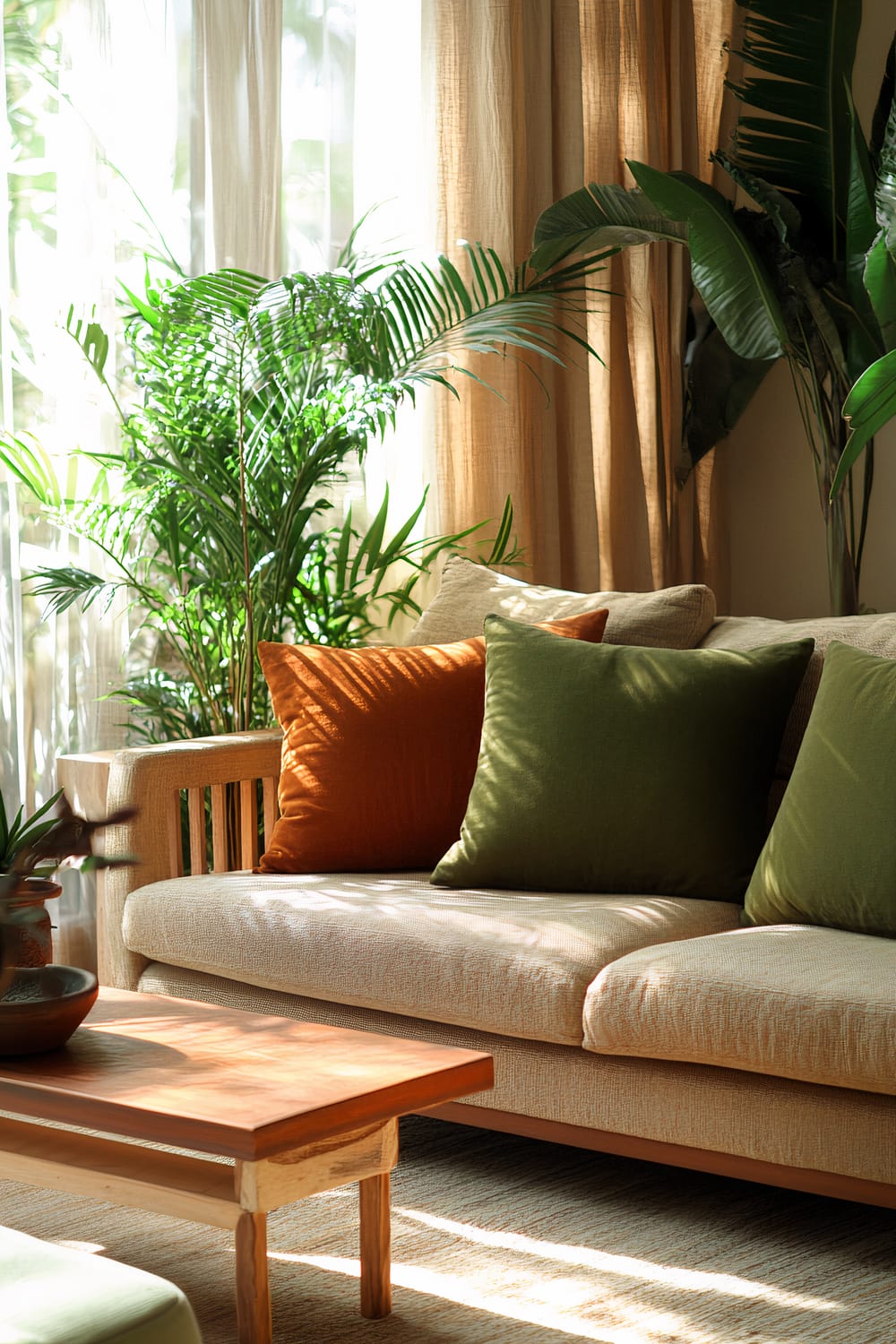 A serene living room featuring earthy tones with a plush beige sofa accented by deep green and rust-colored cushions. A single terracotta coffee table is positioned in front of the sofa, accompanied by a simple wooden side table. Large leafy plants add a natural touch, and natural light filters through linen curtains, creating a warm and inviting atmosphere.