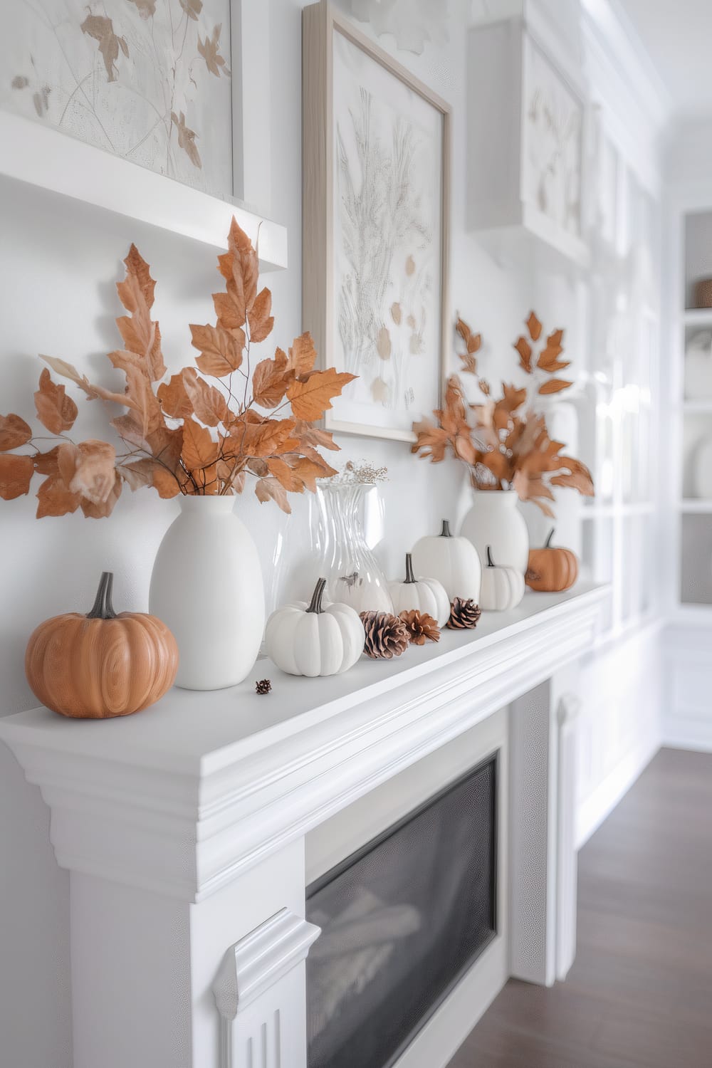 A white fireplace mantel decorated with autumn-themed items. The mantel features white and orange miniature pumpkins, white ceramic vases with orange fall leaves, pinecones, and glass vases. Above the mantel are framed botanical prints in neutral tones hung on a light-colored wall.