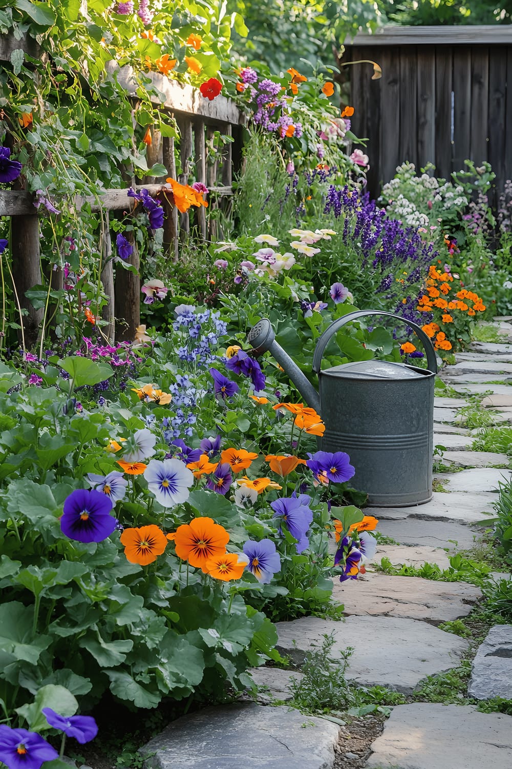 A vibrant cottage-style edible flower garden overflowing with colorful nasturtiums, borage, pansies, and lavender arranged around a sun-dappled stone path. A rustic wooden trellis supports climbing honeysuckle and a vintage watering can rests nearby.