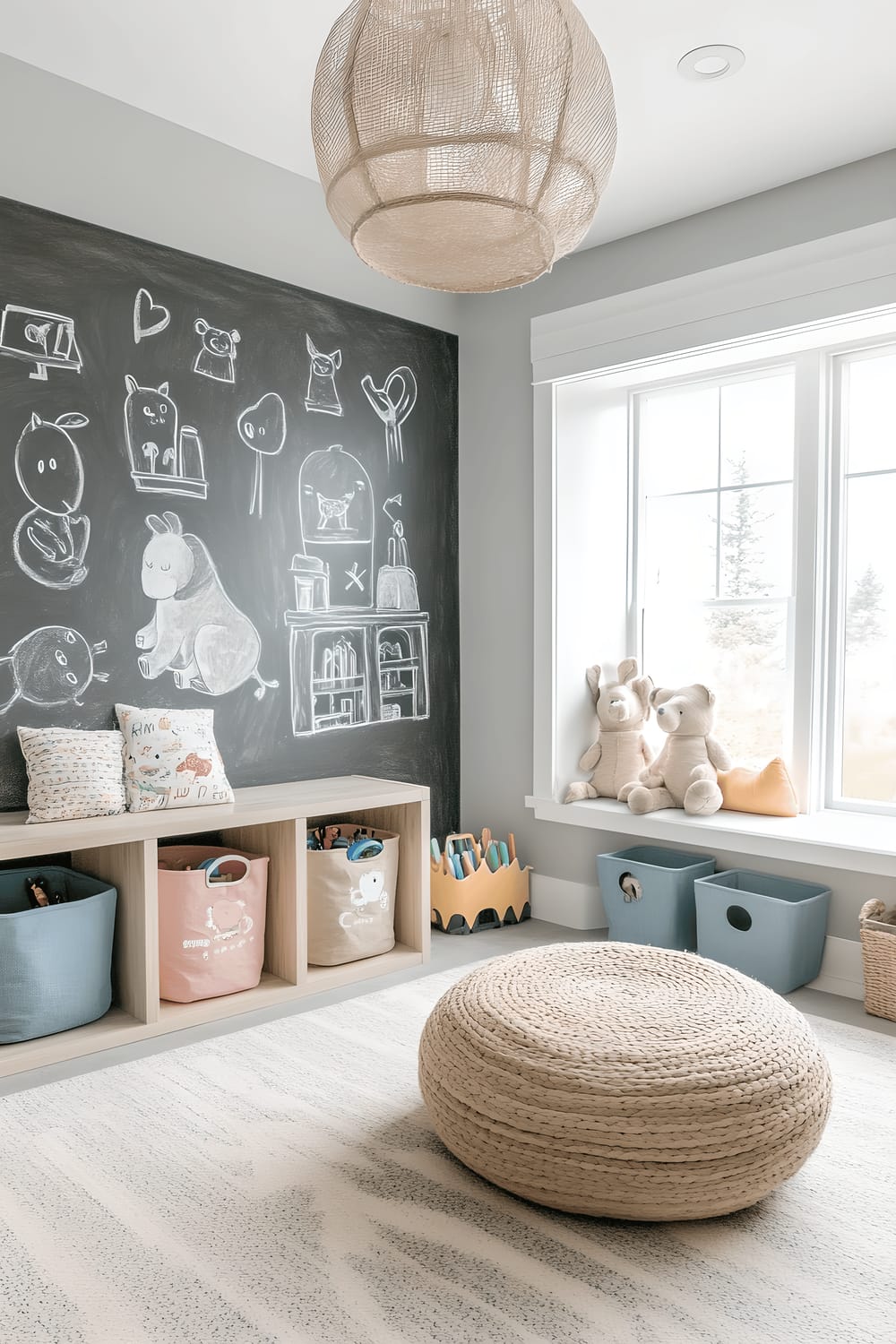 A light-filled children's playroom designed in Scandinavian style, adorned with soft gray walls covered in pastel chalk drawings of wildlife and alphabets. The room's furnishings include wooden structures, a reading corner with a bean bag, and numerous vibrant storage containers.