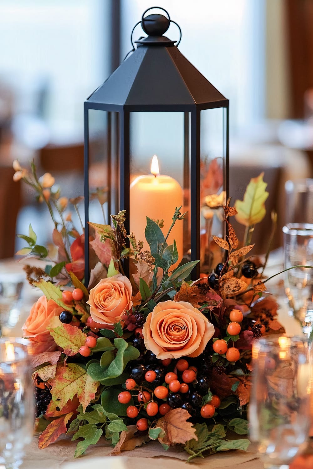 A close-up image of a tabletop centerpiece featuring a black, hexagonal lantern with a lit, cream-colored candle inside. Surrounding the base of the lantern is an autumnal floral arrangement made up of peach roses, various green leaves, and clusters of orange and black berries. The background is softly blurred, with hints of glassware and a well-lit, indoor setting.