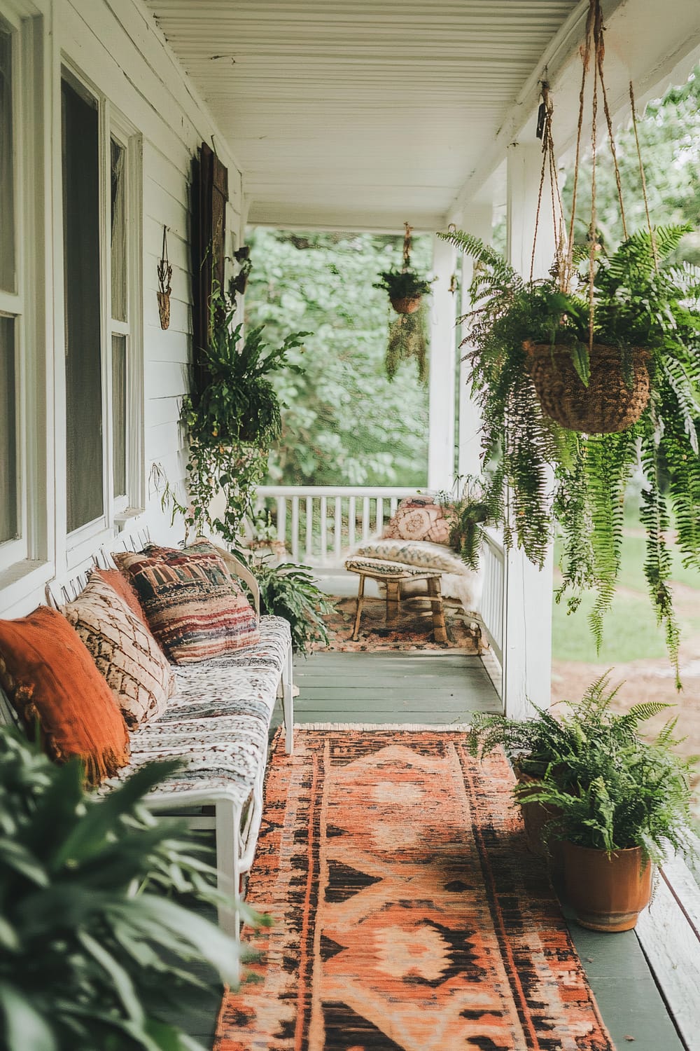 An inviting porch adorned with lush greenery and bohemian decor. Ferns hang from the ceiling and are placed in pots, while an eclectic mix of patterned cushions and an array of textiles add depth to the space. A tribal-patterned rug runs along the floor, complementing the natural, earthy tones.