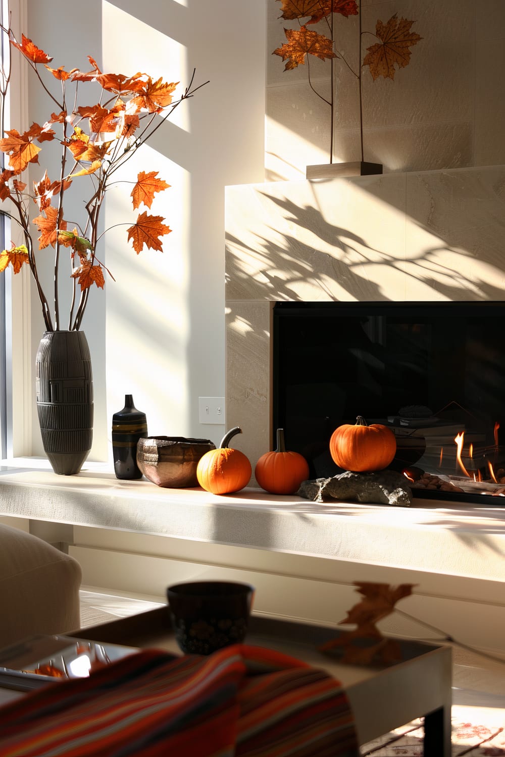 A modern living room with a minimalist fireplace. Ornamental pumpkins, ceramic bowls, and vases decorate the mantle. Dried maple branches with orange leaves in a tall vase add autumnal charm. Soft daylight casts tree branch shadows on the cream-colored wall.