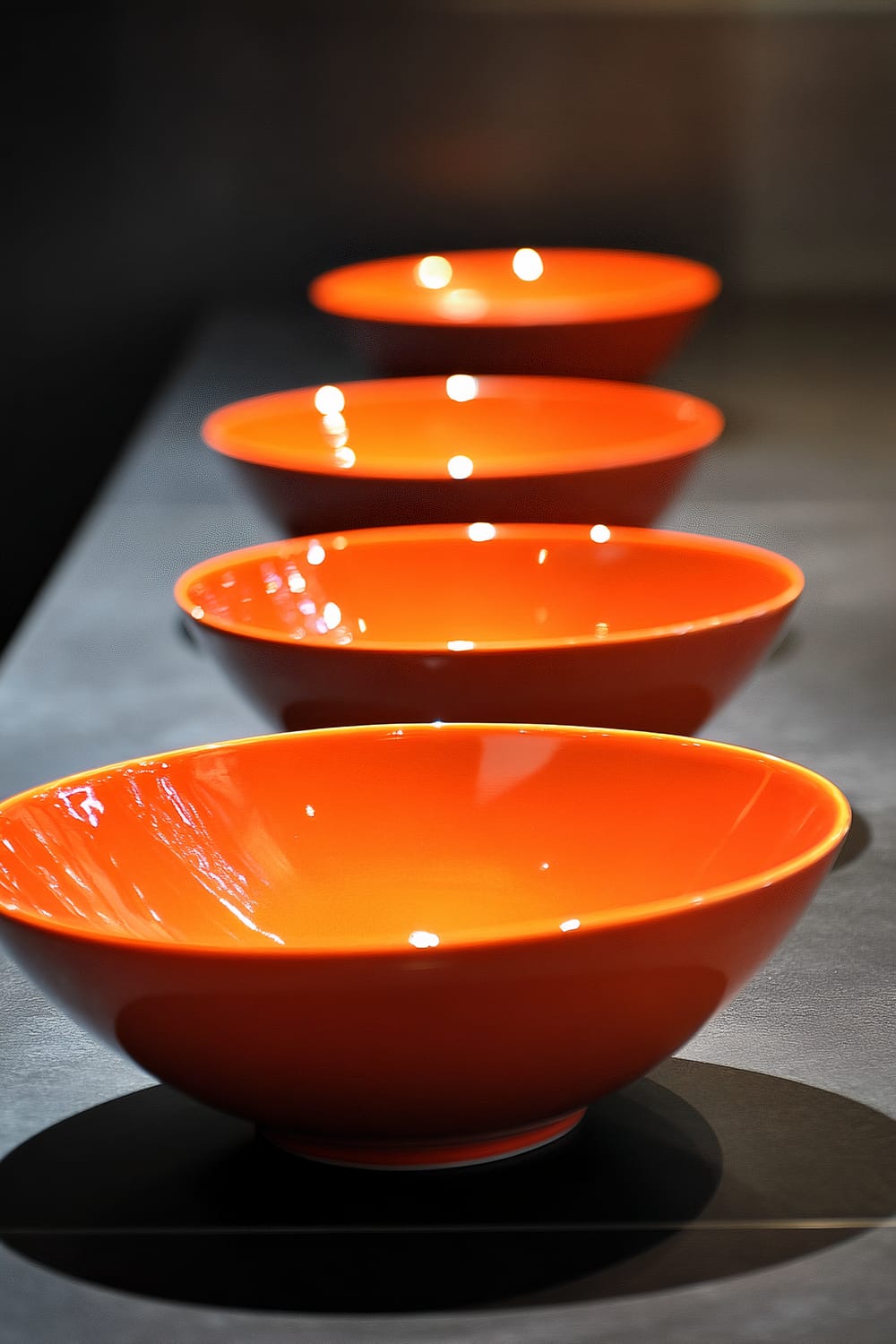 A close-up view of vibrant orange ceramic bowls arranged in a straight line on a black kitchen countertop. Strong directional lighting from one side casts vivid highlights and deep shadows, adding to the bold color contrast between the orange bowls and the dark surface.