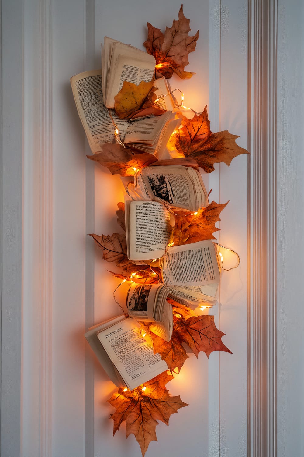 An arrangement of open books, autumn leaves, and warm fairy lights is displayed against a vertical white panel wall. The books are layered and intertwined with the orange leaves, creating a cascading effect. The warm lights are weaved through the pages and leaves, enhancing the autumnal ambiance.