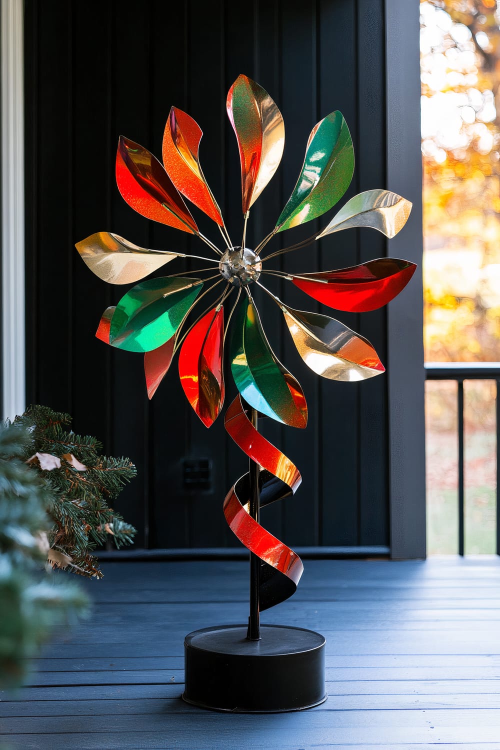 A solitary kinetic wind spinner with colorful, shimmering blades in vibrant red, green, and gold on a minimalist black porch illuminated by natural sunlight.