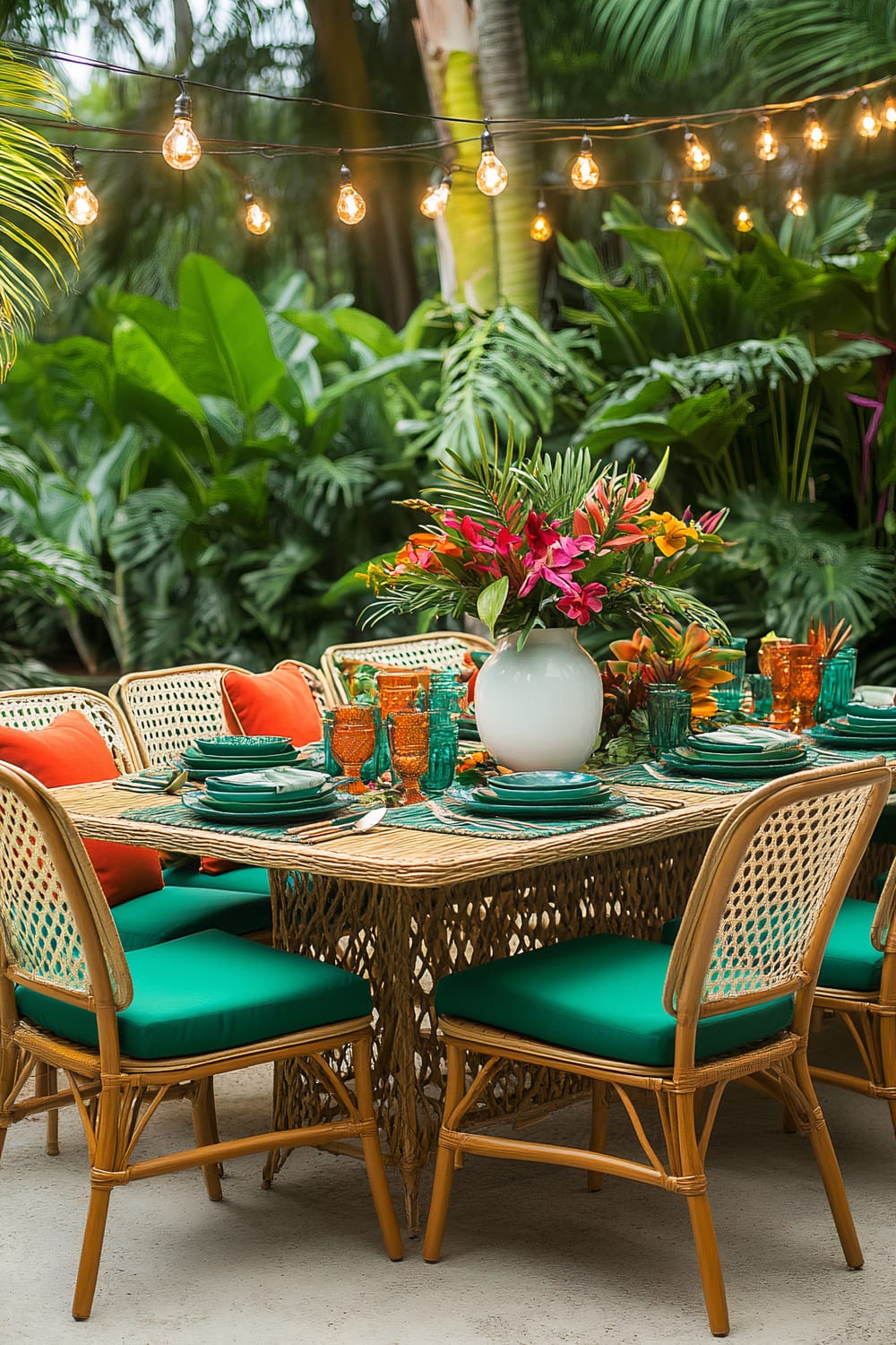 A tropical-inspired outdoor dining setup featuring a rattan table and chairs with emerald green cushions, vibrant coral and turquoise tableware, and a large white ceramic vase with exotic flowers as a centerpiece. The dining area is surrounded by lush green plants and softly lit by string lights overhead, creating a vibrant and fresh Thanksgiving scene.