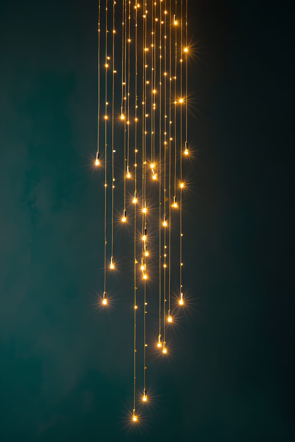 A tilted image of a dark teal canvas with 10 carefully arranged gold fairy lights cascading from the top left corner to the bottom right corner, casting a warm glow.