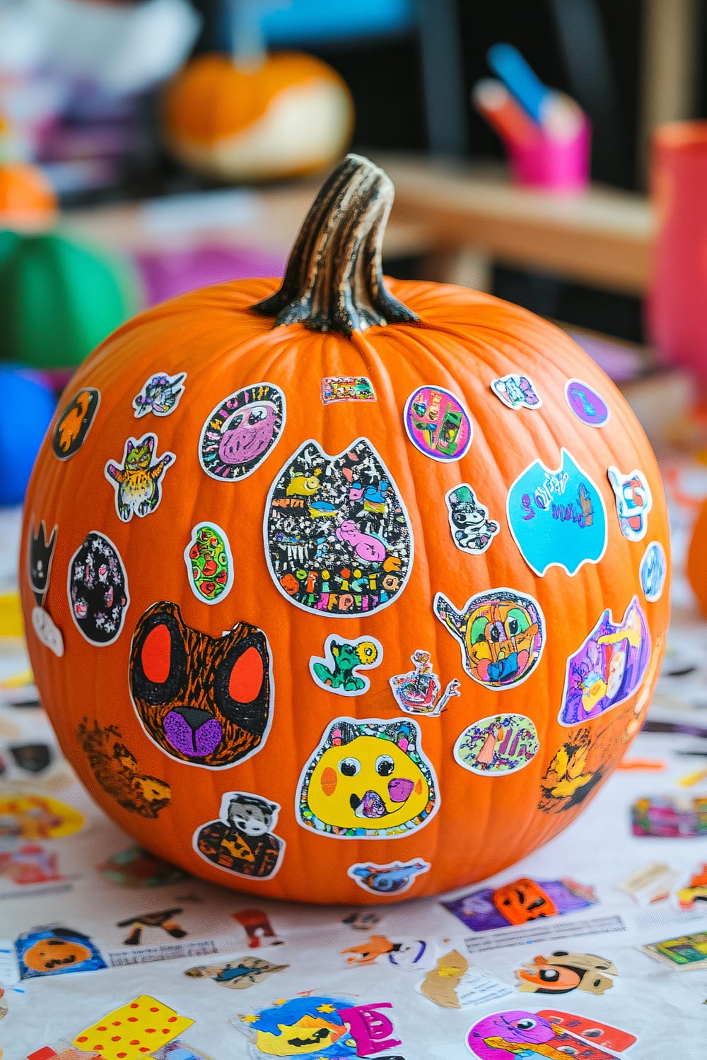 A large orange pumpkin covered with colorful stickers in various designs, including animals, faces, and abstract patterns. The pumpkin is set on a table with more stickers and crafting materials scattered around.