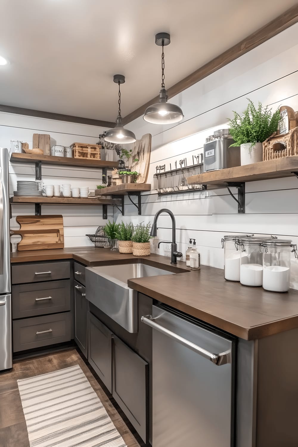 A well-lit, spacious kitchen with farmhouse inspiration manifested in the white shiplap walls and dark wooden cabinetry. A kitchen island with a butcher block top is the central focus, complete with leather-seated bar stools, while a statement chandelier hangs overhead. Appliances are stainless steel and countertops made with polished quartz. Open wooden shelving displays various kitchen items and some greenery, creating a harmonious blend between modern style and rustic charm.