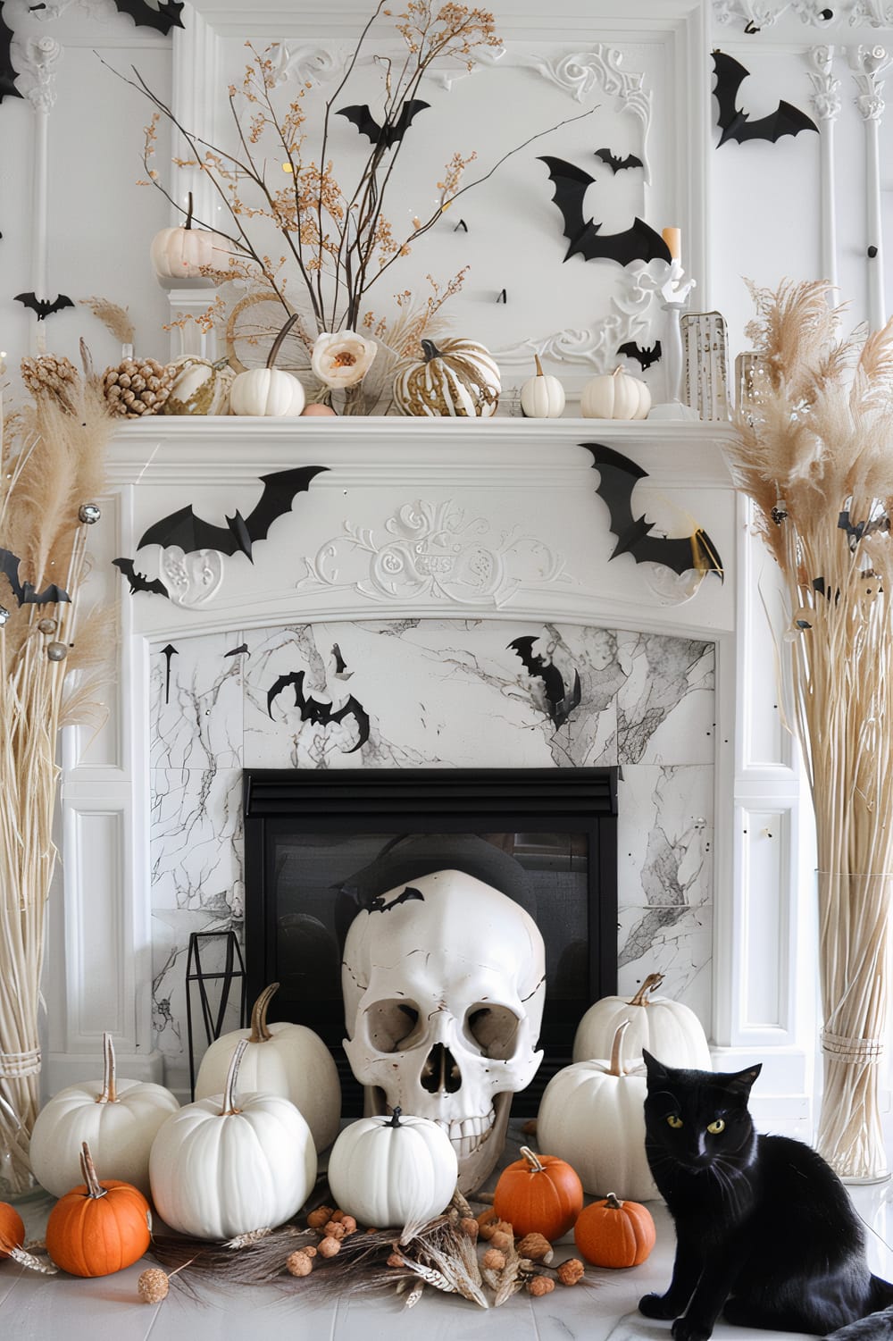 A white fireplace adorned with various Halloween decorations. The mantel is decorated with white pumpkins, a large, dried floral arrangement, and miniature black paper bats. Below is a large skull amidst more white and orange pumpkins. A black cat sits to the right of the skull.