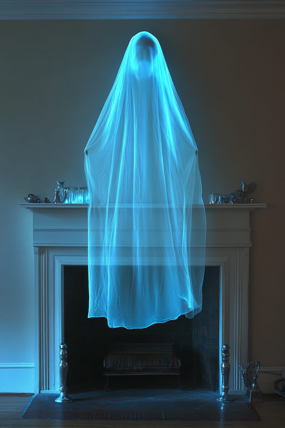 A ghostly, translucent cloak glowing with an ethereal blue light is hanging above an understated fireplace, giving the illusion of floating in mid-air. The fireplace mantle has a few scattered silver trinkets that reflect the cloak's eerie luminescence, casting wavering shadows across the room.