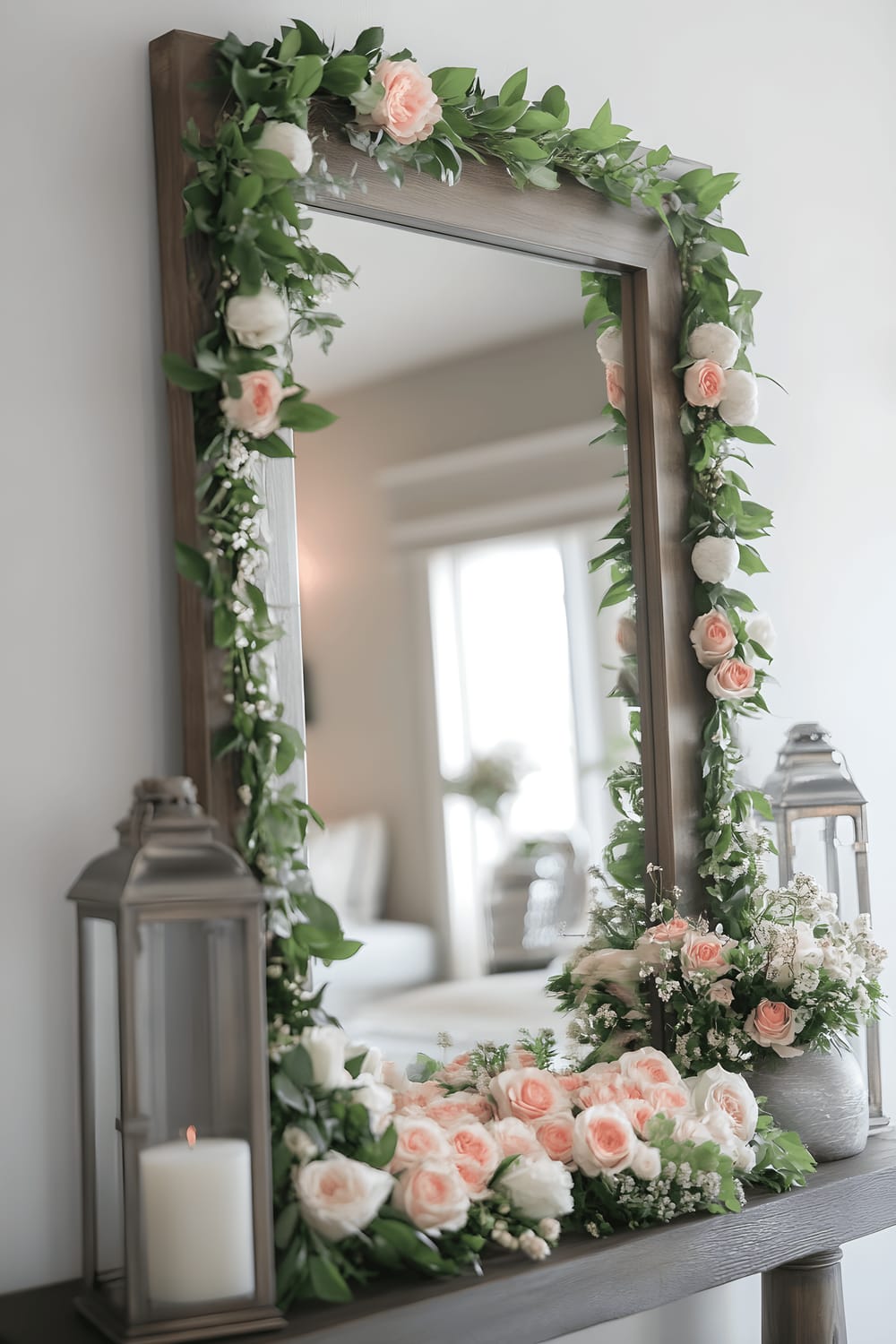 A rectangular mirror hanging on a beige wall in an entryway. The mirror's frame is adorned with a mixture of fresh and faux flowers in various shades of pink and white. It reflects a spacious and light-filled room. Arranged on a nearby wooden console table are small potted green plants and two matching decorative black lanterns with white candles inside.