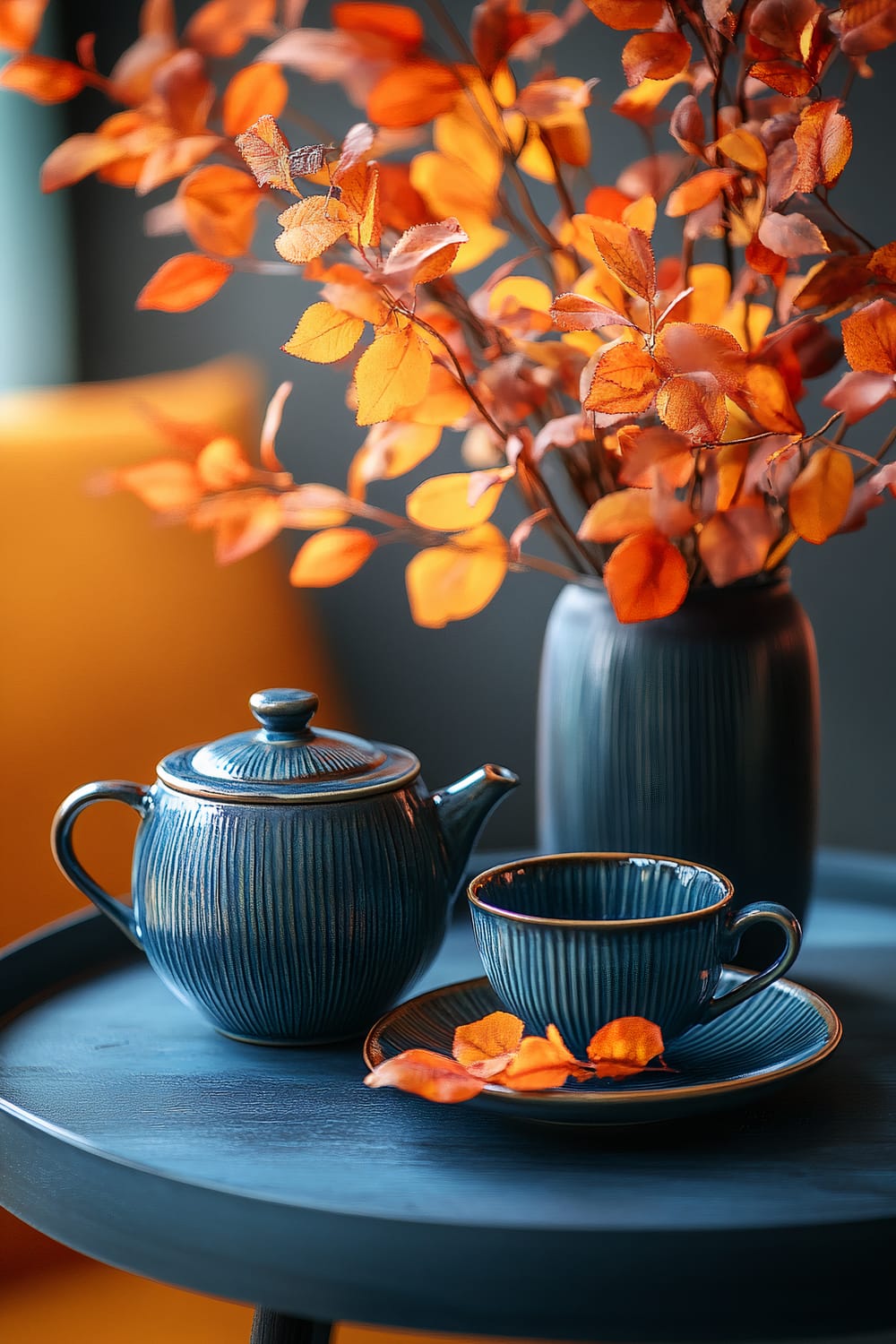 A contemporary coffee table features a cobalt blue ceramic tea set as the centerpiece. The tea set includes a teapot, a cup, and a saucer, all with a ribbed texture. Surrounding the tea set are branches of orange and yellow fall foliage in a matching cobalt blue vase, creating a striking color contrast. The setup is illuminated by a spotlight, highlighting the vivid colors and textures.