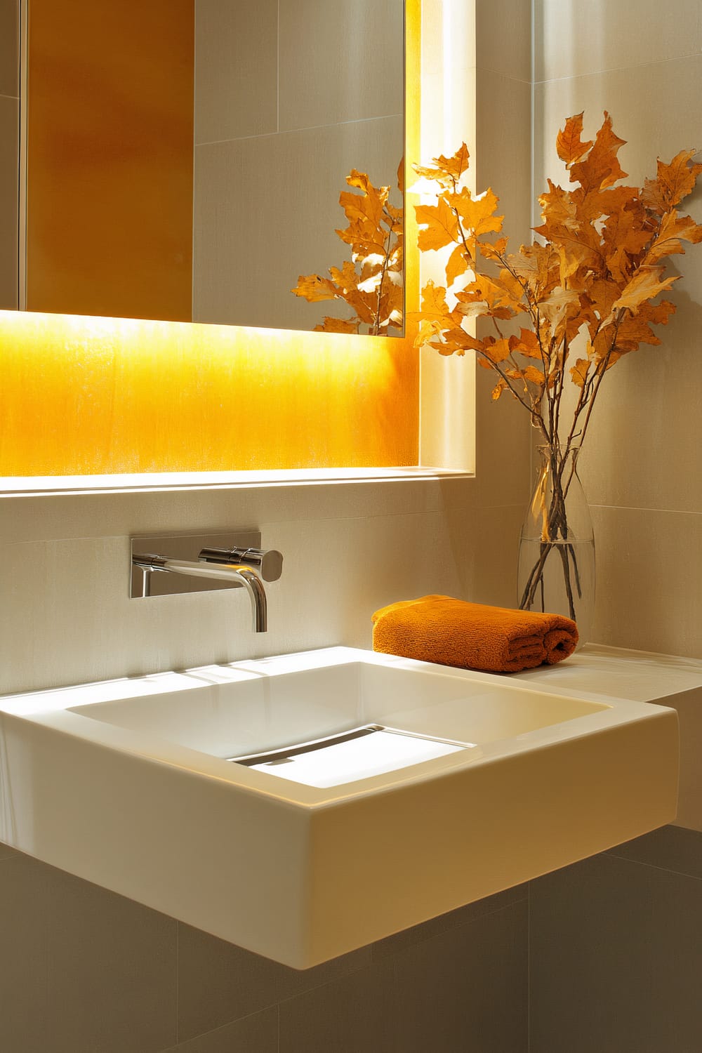 A modern bathroom sink setup with a sleek, rectangular under-mount sink and a chrome wall-mounted faucet. Directly above the sink, there is a backlit rectangle mirror casting a warm yellow glow. To the right of the sink, an orange towel is neatly folded on the countertop next to a clear vase holding orange-tinted autumn leaves.