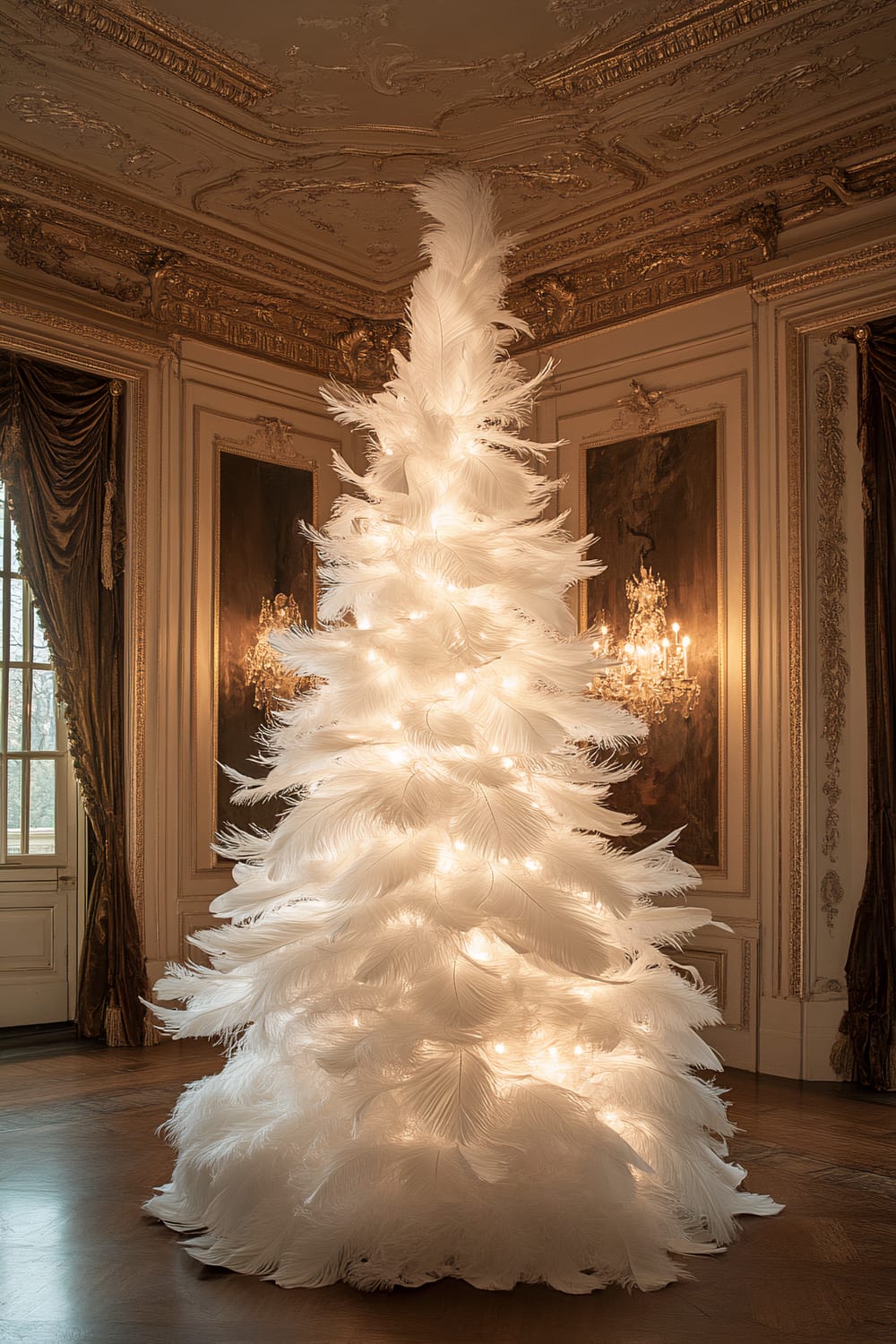 An elegant white feathered tree sculpture is illuminated by embedded lights, standing in an opulent room. The room features rich wood paneling and is adorned with luxurious velvet drapes. Soft lighting from chandeliers enhances the delicate texture of the feathers, adding a warm, festive ambiance.