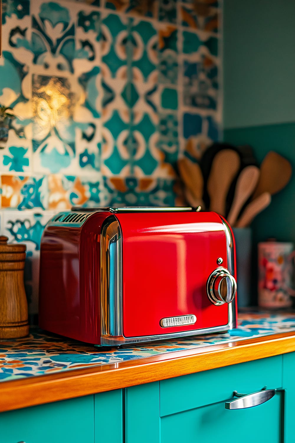 A shiny red vintage toaster is placed on a colorful kitchen countertop with a mosaic pattern. The countertop is supported by teal cabinets. The backsplash is adorned with intricate and colorful patterns in shades of blue, teal, and yellow. In the background, wooden kitchen utensils are stored in a container, and other kitchen accessories are visible. Bright lighting highlights the toaster, accentuating its retro charm.