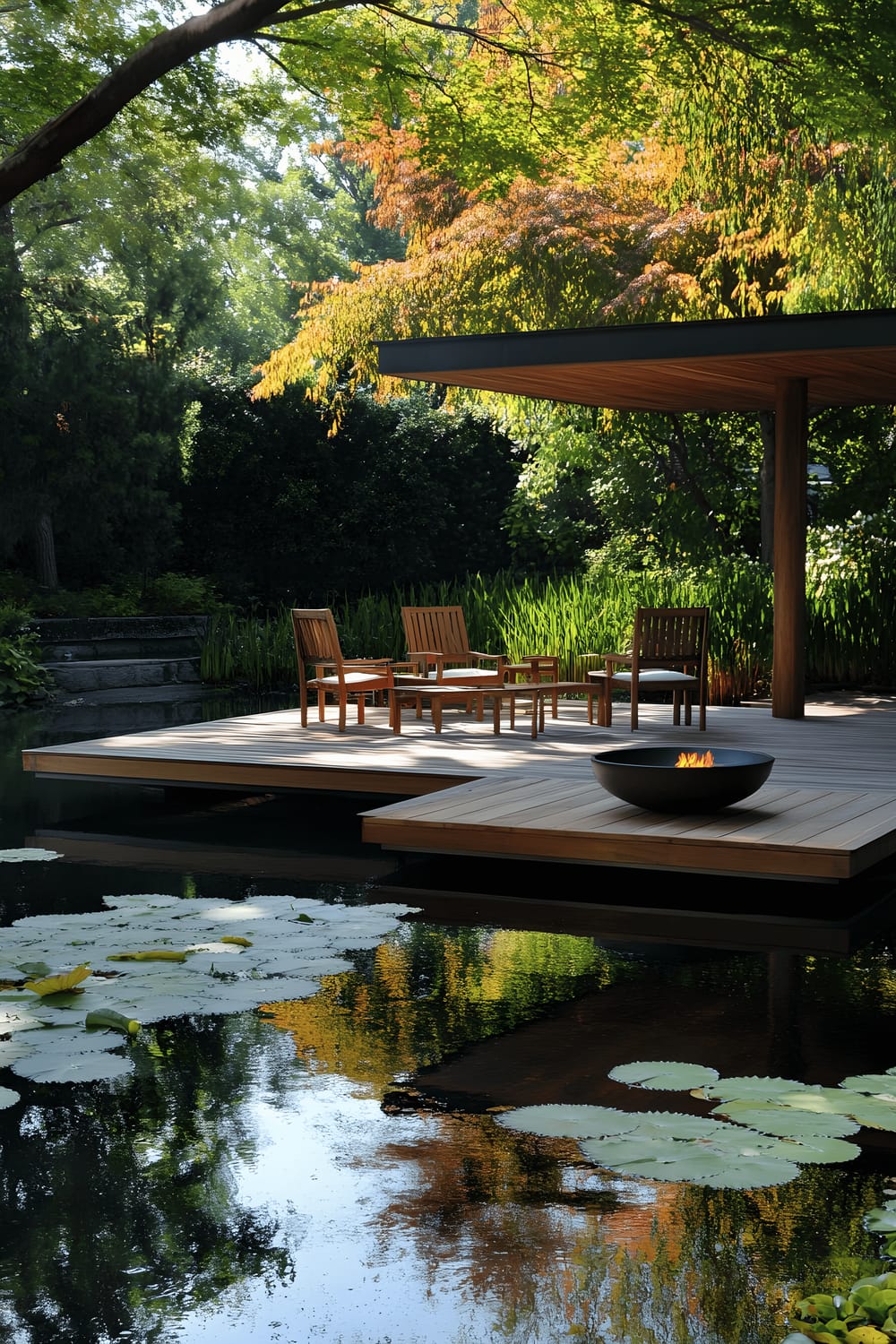 A serene image of a floating wooden deck on a calm pond accompanied by rippling water. The deck is adorned with minimalist wooden chairs centered around a low fire bowl. The surrounding scenery consists of Japanese maples with their red-black foliage hanging over the water and a plethora of lotus flowers and lily pads dotted across the pond's surface.