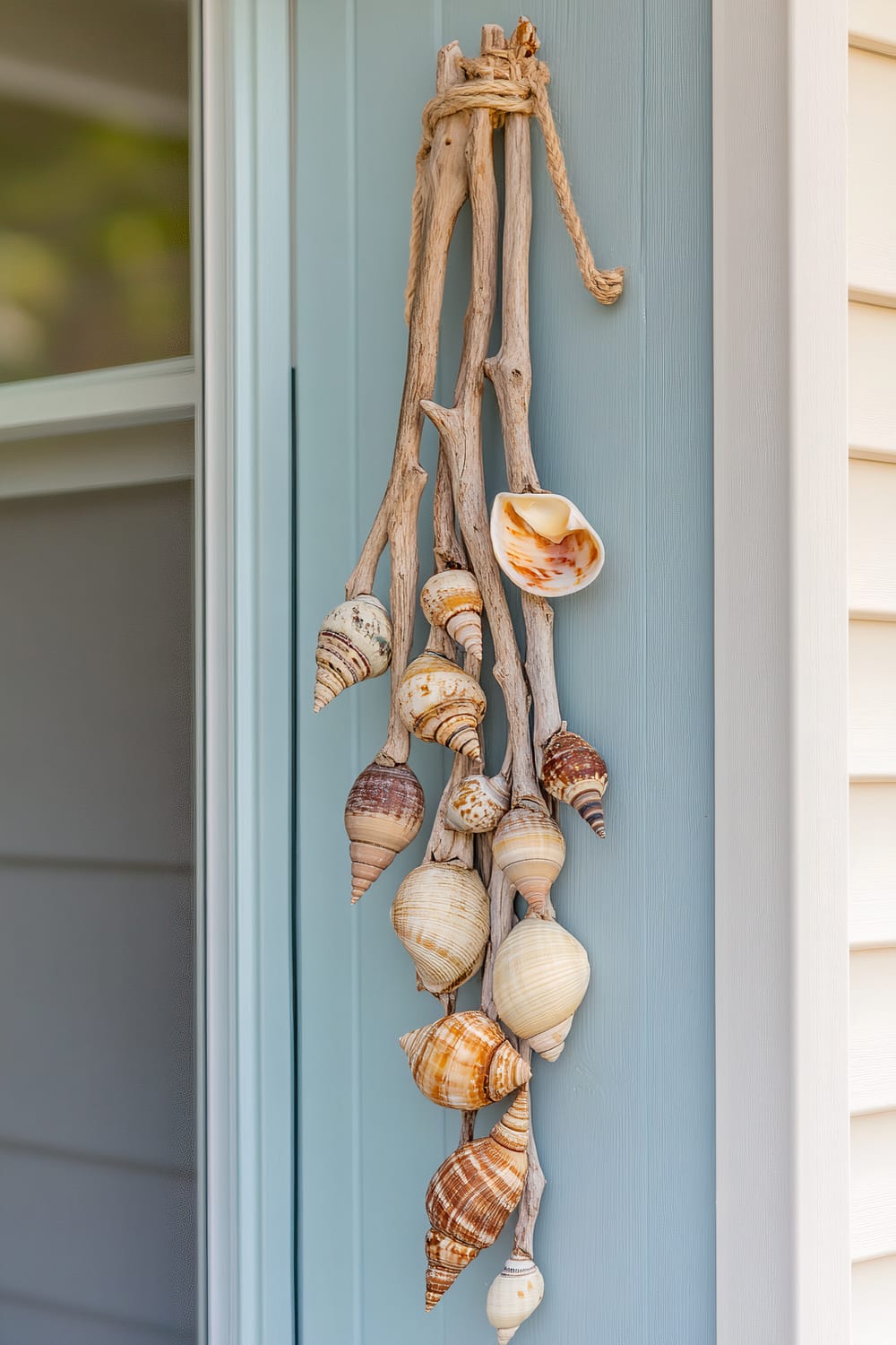 Close-up of a coastal-themed wall decoration featuring various seashells hanging from pieces of driftwood, secured with a rope. The decoration is hung against a pastel blue wall, adjacent to a white paneled wall and a window.