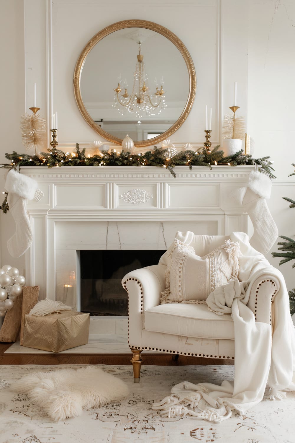 An elegantly decorated living room featuring a white fireplace adorned with greenery, candles, and stockings. Above the fireplace hangs a gold-framed round mirror reflecting a chandelier. A beige armchair with tassel pillows and a cozy blanket sits in front of the fireplace. Wrapped presents and a soft fur rug are on the floor.