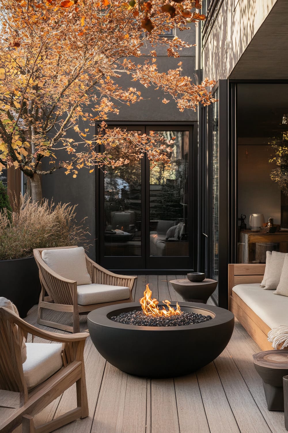 Outdoor patio featuring a contemporary fire pit surrounded by wooden furniture with white cushions. A tree with autumnal foliage and ornamental grasses add a natural touch. The background includes large glass doors leading to an indoor space furnished with muted, warm tones. The overall scene exudes warmth and tranquility.