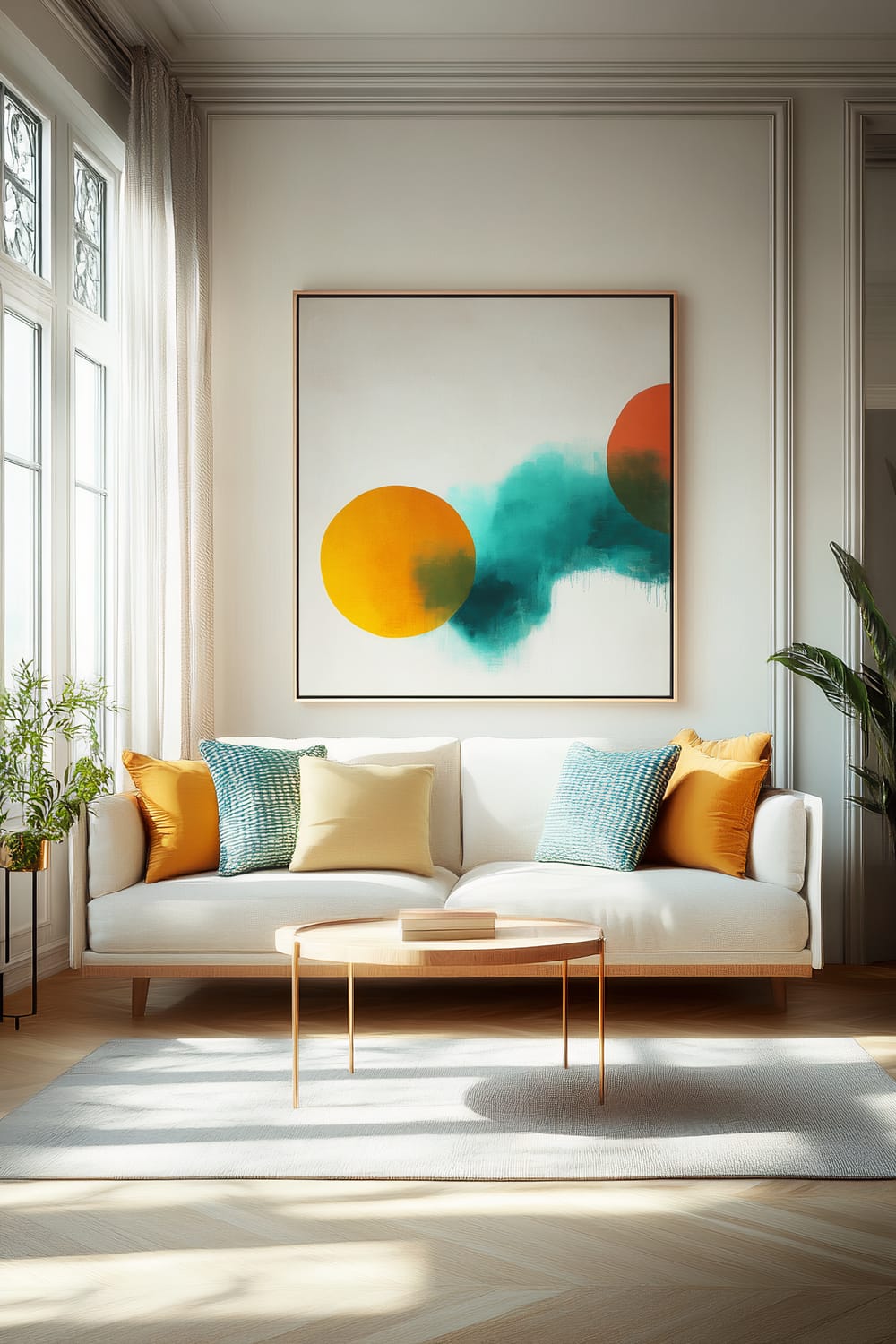 A bright and modern living room with a cream-colored sofa featuring colorful accent pillows in teal, mustard yellow, and coral. Above the sofa hangs a large abstract painting with vibrant shades of teal, mustard yellow, and coral. The room has a minimalist design with a light wooden coffee table on a light gray rug and indoor plants adding a natural touch. Large windows allow ample natural light to fill the space, casting soft shadows on the floor.