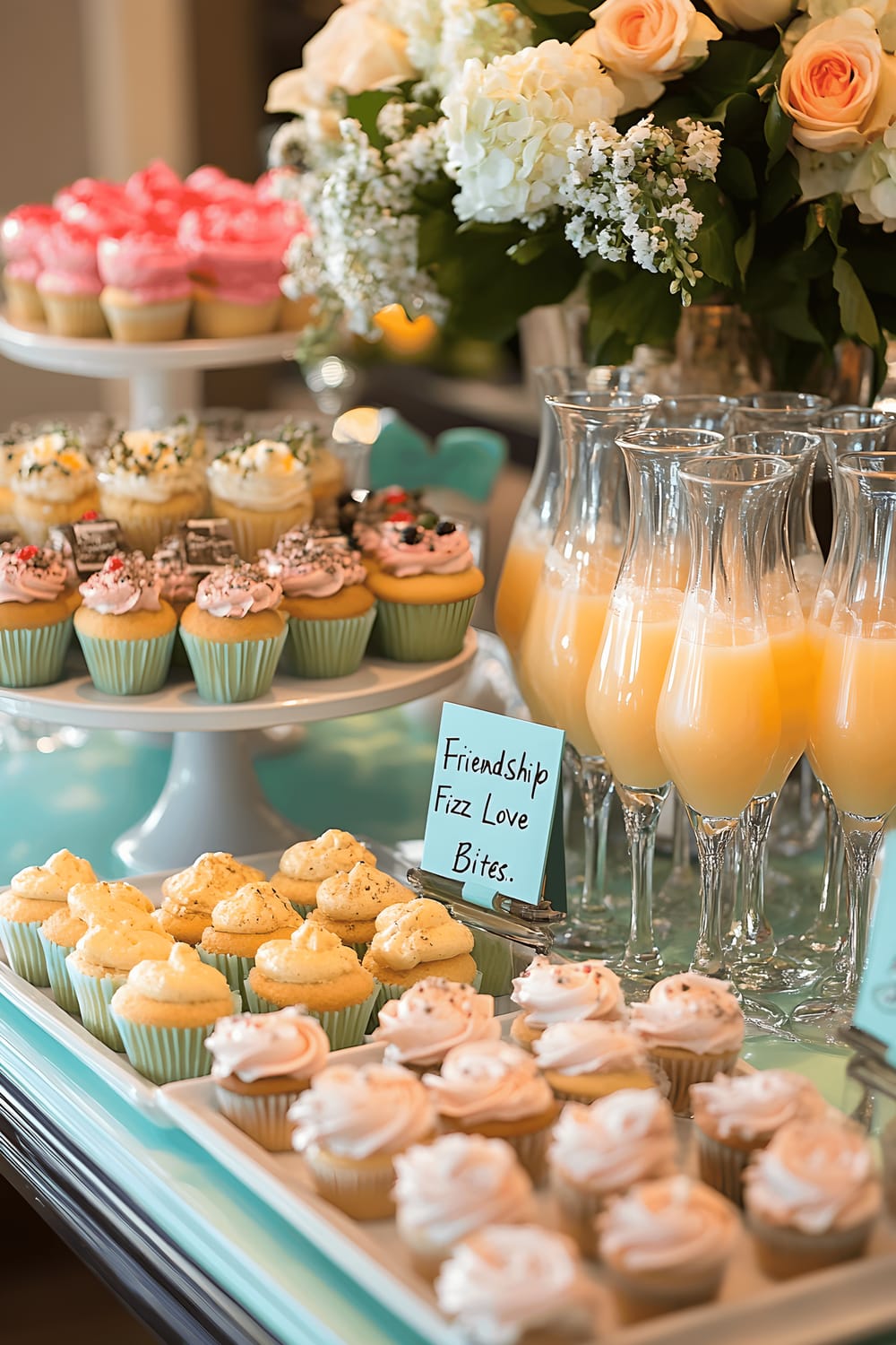 A well-curated food station with assorted snacks and a drink bar. The station includes multi-tier trays filled with a variety of cupcakes, cookies, and fresh fruit platters. Adjacent to the food trays is a mimosa bar with glass pitchers containing orange juice and champagne, complete with decorative labels entitled "Friendship Fizz" and "Love Bites." The setup also features beautiful signage to navigate through the food areas, pastel-colored glass serving ware, and freshly-cut garnishes to brighten up the setting.