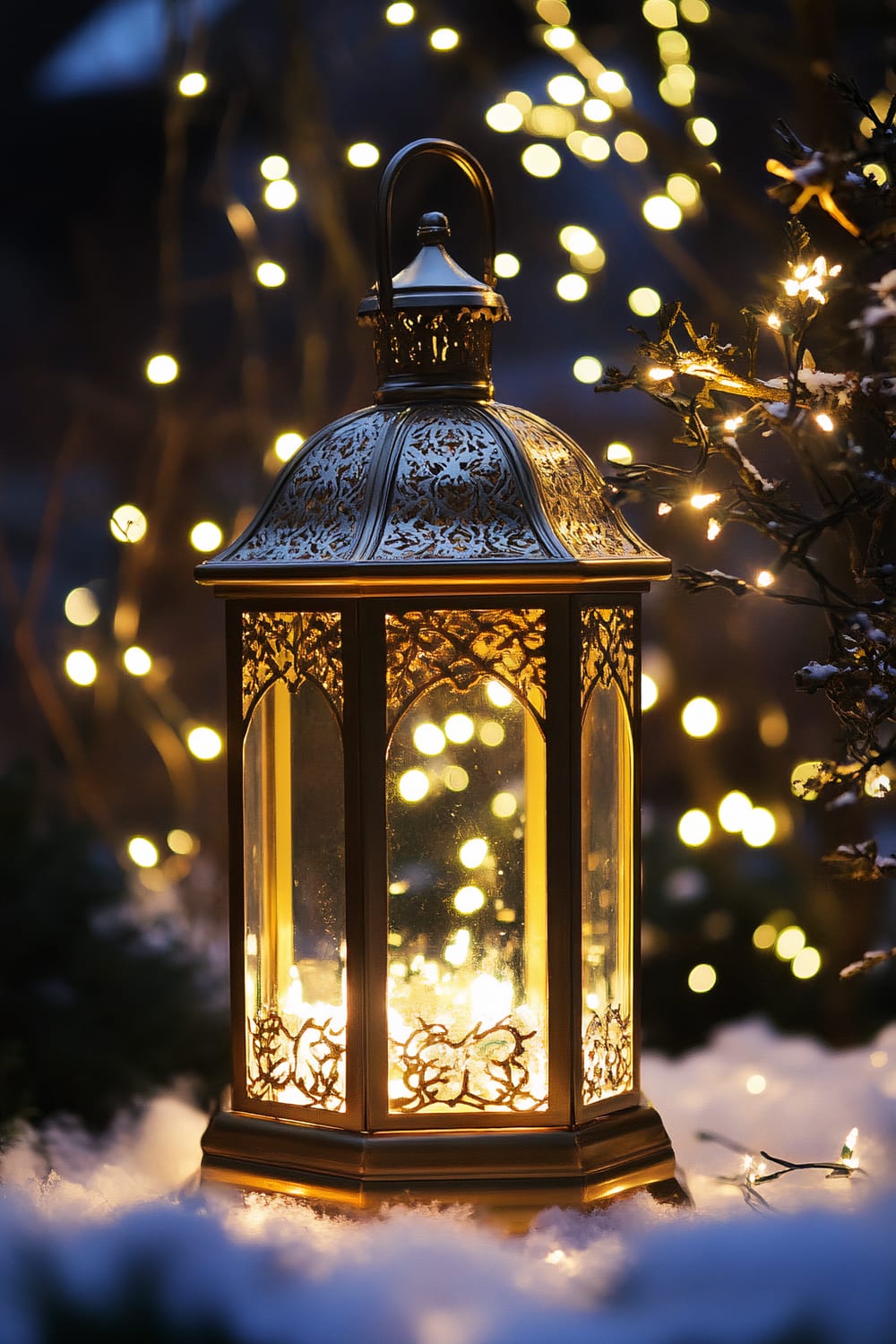 An ornate, gold-colored lantern sits amidst a snowy backdrop, casting a warm glow. In the background, blurred yellow fairy lights add to the enchanting atmosphere.