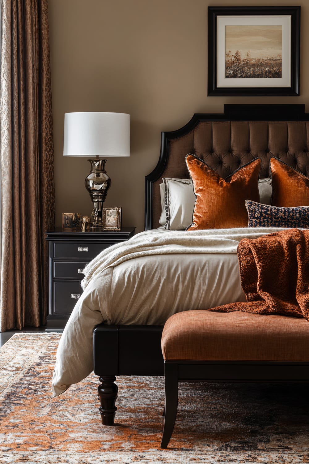 Stylish bedroom featuring a dark brown tufted headboard, an upholstered bench at the foot of the bed, and a nightstand with a lamp and picture frames. The bedding includes white sheets and pillows, with burnt orange accent pillows and a blanket. The walls are a warm beige with framed artwork.