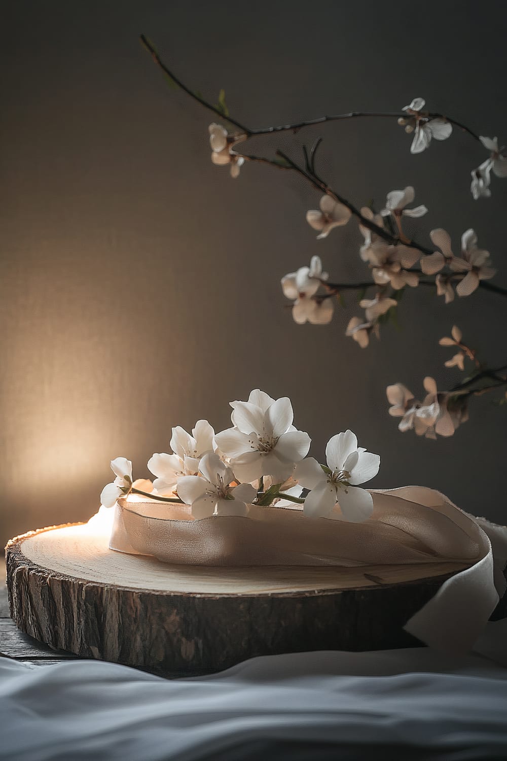 A rustic wood slice serves as a base for soft neutral ribbons and white flowers. An overhead spotlight highlights the natural elements on a matte surface. In the background, a branch with white blossoms adds depth to the minimalist scene.