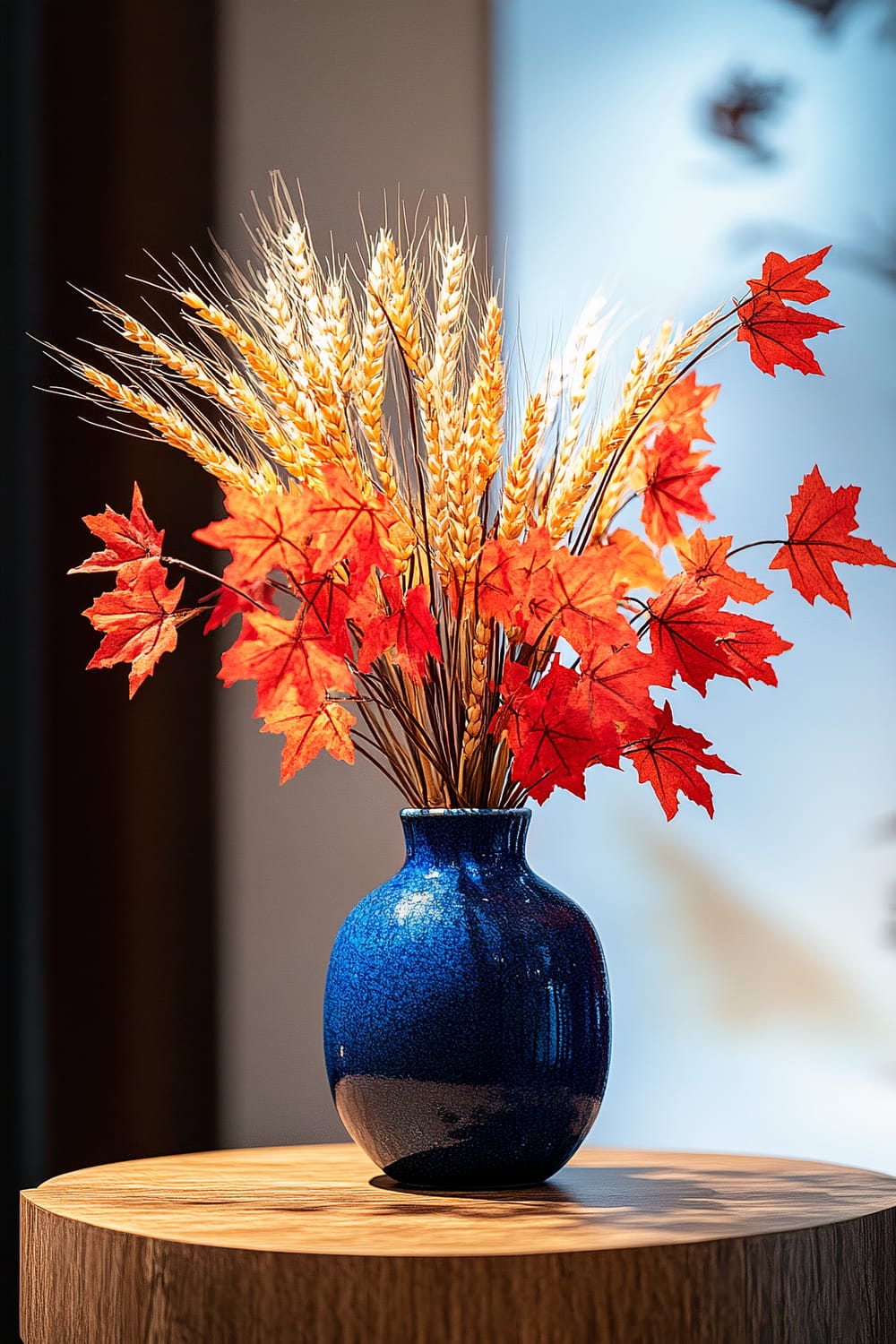 A contemporary coffee table features a cobalt blue vase holding golden wheat stalks and red autumn leaves. The bold colors create a striking contrast, and the arrangement is highlighted by a spotlight, accentuating the centerpiece.