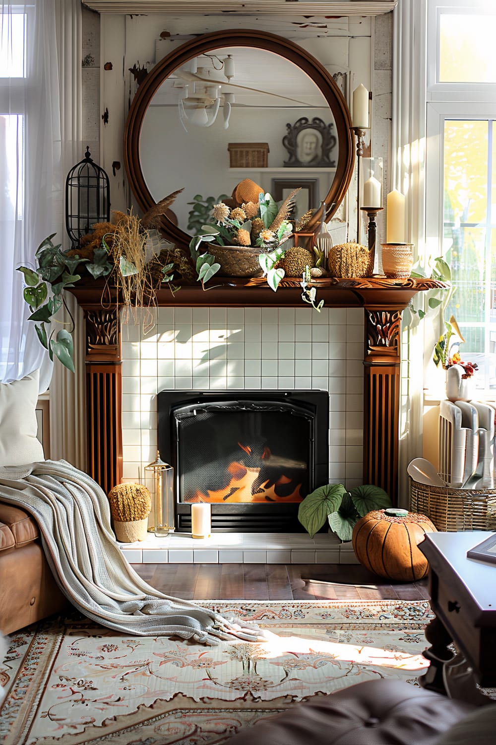 A cozy living room features a fireplace with white tiled surround and a wooden mantel adorned with various plants, dried flowers, and candles. Above the mantel hangs a large round mirror reflecting part of the room. On the right side, there are wicker baskets and a small pumpkin-shaped decor piece. A soft blanket is draped over the side of a brown leather sofa positioned next to the fireplace. The floor is decorated with an ornate area rug in light tones, adding warmth and charm to the space. Sunlight enters through the large windows on the right, enhancing the overall inviting ambiance.