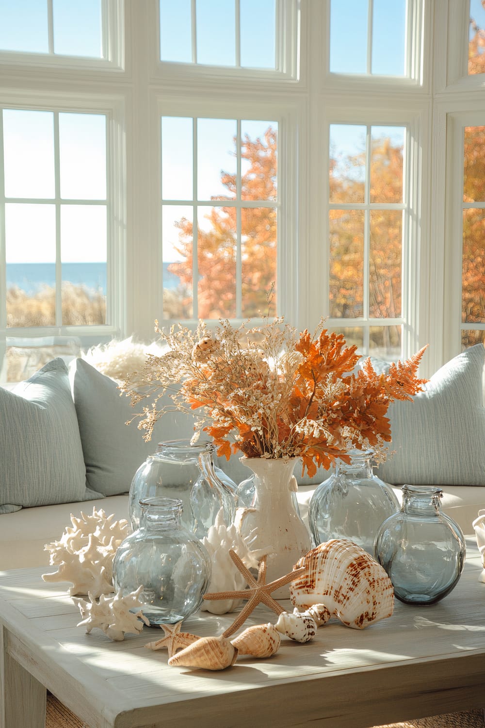 A coastal-inspired Thanksgiving coffee table setup featuring a light driftwood table adorned with white seashells, coral-colored glass vases with autumn flowers, and nautical-themed accents like starfish. The table is surrounded by cushions in soft blues and sandy neutrals on a relaxed linen sofa. Large windows let in natural light and provide a view of the beach and autumn foliage outside.