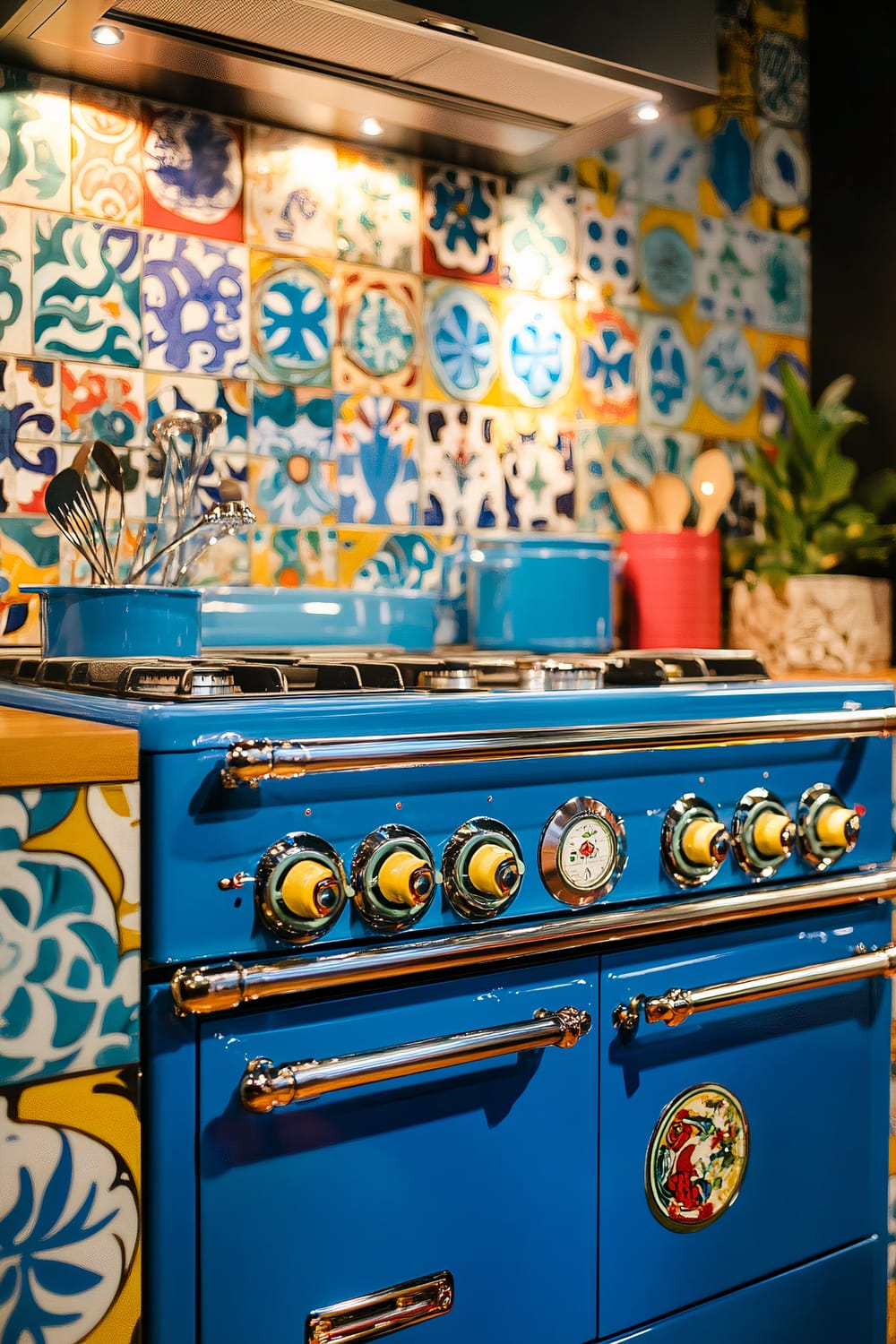 An electric blue retro-style stove with whimsical yellow knobs and chrome accents, set against a vibrant, patterned tile backsplash. The backsplash features a mix of blue, yellow, and red tiles with various designs, contributing to the colorful and eclectic kitchen aesthetic. The stove is illuminated by bright lighting, emphasizing its nostalgic charm. Utensils and kitchenware are visible on the countertop beside the stove.