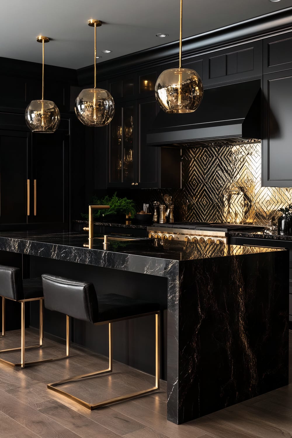 A luxurious kitchen adorned with opulent black and gold elements. The centerpiece is a large black marble island with gold veins, complemented by black high-back bar stools with gold bases. Above the island, three spherical glass pendant lights hang from gold fixtures. The black cabinetry features gold handles, and a stunning gold geometric backsplash behind the stove creates a striking focal point. Dark wooden flooring grounds the space.