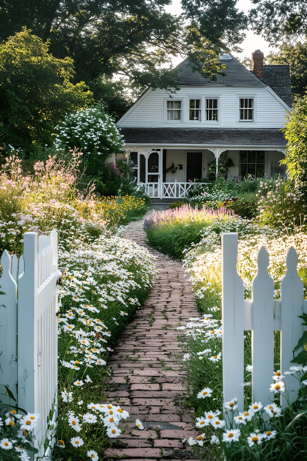 A charming country home encased by a pristine white picket fence, with vibrant flower beds of daisies and lavender gracing the front yard. A winding brick pathway curves through the greenery, leading up to an inviting porch bathed in the warm light of morning.