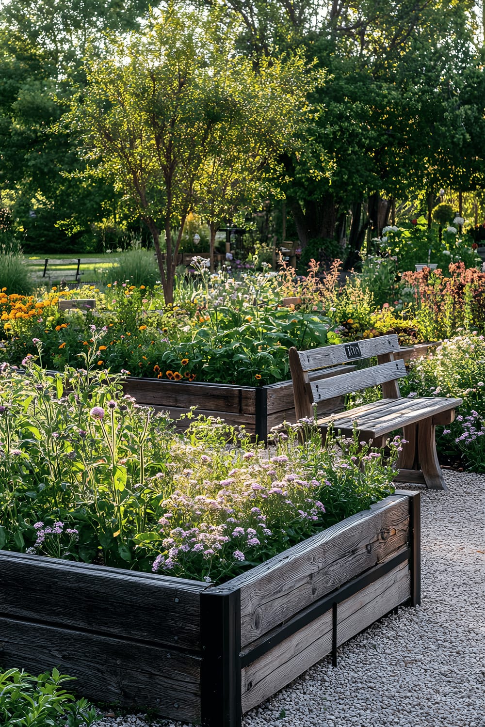 A traditional apothecary herb garden with wooden raised beds filled with a variety of medicinal plants such as echinacea, valerian, holy basil, and yarrow. In the middle of the garden, a handcrafted wooden bench serves as a place for reflection and appreciation of the serene environment.