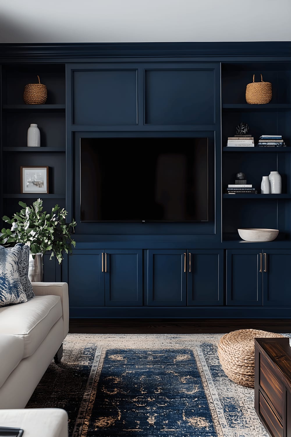 A rich navy blue wall with a texture resembling fabric or velvet serves as the backdrop to a dark wooden television shelf. On the shelf, various decor items in colors of whites and brass are arranged. Warm, soft lights from ceiling pendant lights and wall sconces cast a soft glow onto the entire scene to create a dramatic yet intimate atmosphere.