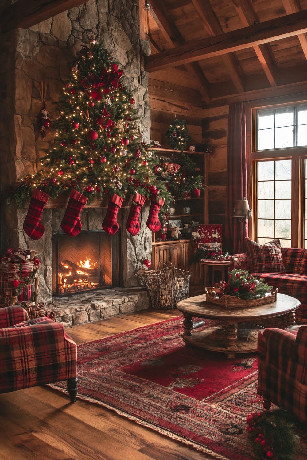 A traditional old farmhouse living room decorated for Christmas. A large, decorated Christmas tree with plaid ribbons and rustic ornaments stands beside a stone fireplace adorned with hanging plaid stockings. The room features wooden farmhouse furniture in bold colors, including red plaid armchairs, and a large red rug. The ambiance is enhanced by soft natural light coming through the large windows and the cozy glow of the fireplace.