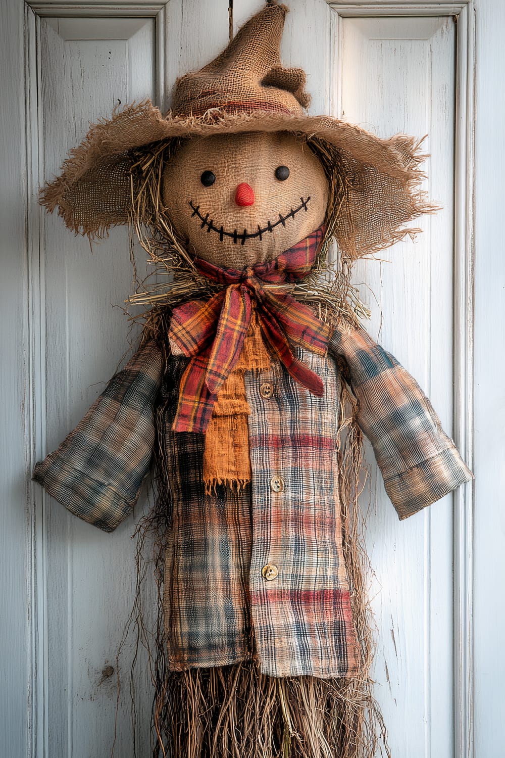 A scarecrow with a friendly face hangs on a white, paneled door. The scarecrow is made of burlap, with a straw hat and a red, orange, and green plaid scarf tied around its neck. It wears a buttoned plaid shirt in various shades of brown, grey, and red. The stuffing is visible around the neck and arms, giving it a rustic appearance.