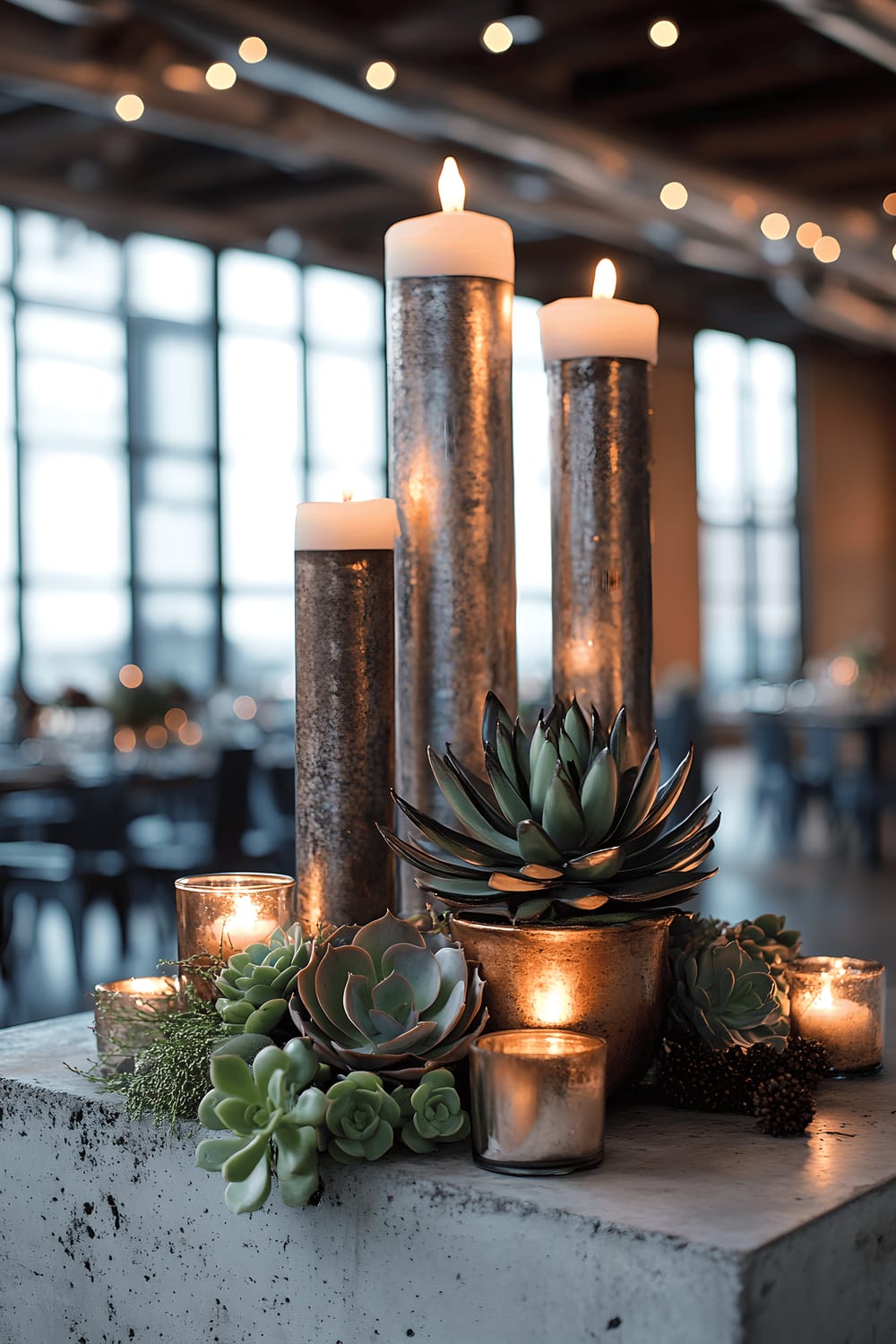 A modern centerpiece featuring metallic candle holders and a small abstract metal sculpture on a concrete table, accentuated with dark green succulents. The setting is within an industrial decor theme with elements such as exposed pipes and large windows with city views. Dramatic overhead lighting creates strong contrasts.