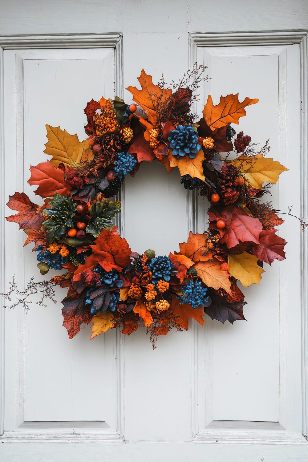 An autumn wreath decorated with an array of vibrant leaves and berries hung on a white paneled door. The wreath features a mix of orange, red, and yellow maple leaves interspersed with clusters of orange and blue berries, as well as blue pinecone accents. Bare twigs add texture to the composition.