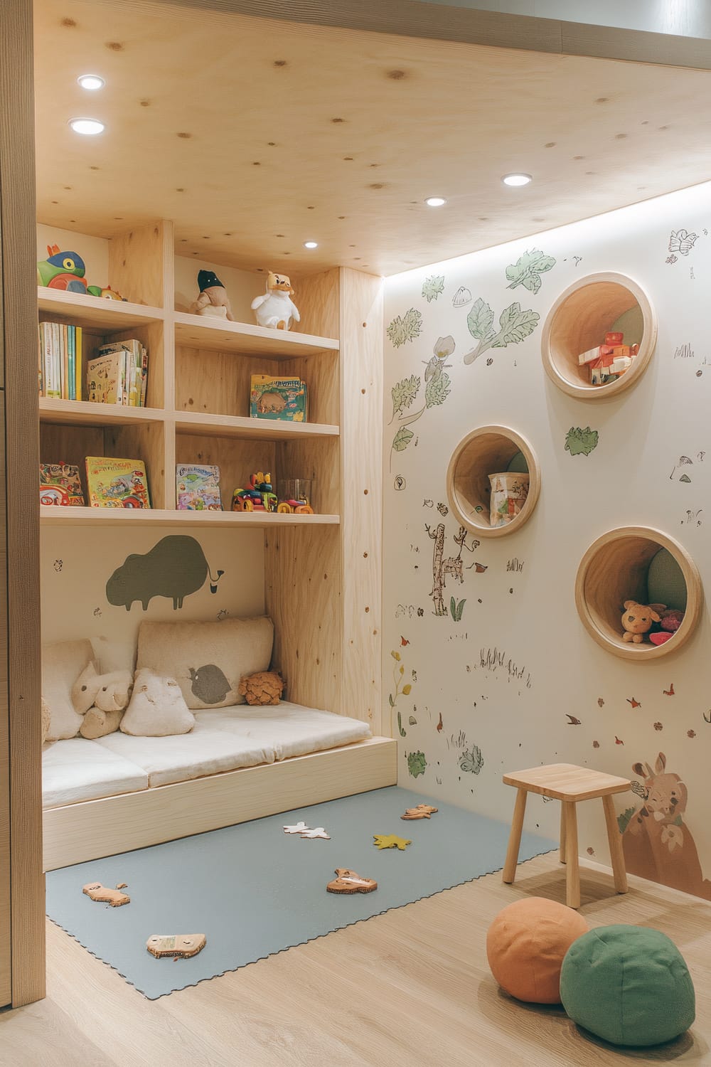 A bright adventure-themed playroom featuring a small climbing wall with built-in shelves, decorated with toys and books. The room includes a soft mat, a small stool, and soft lighting, with animal and nature decals on the wall.