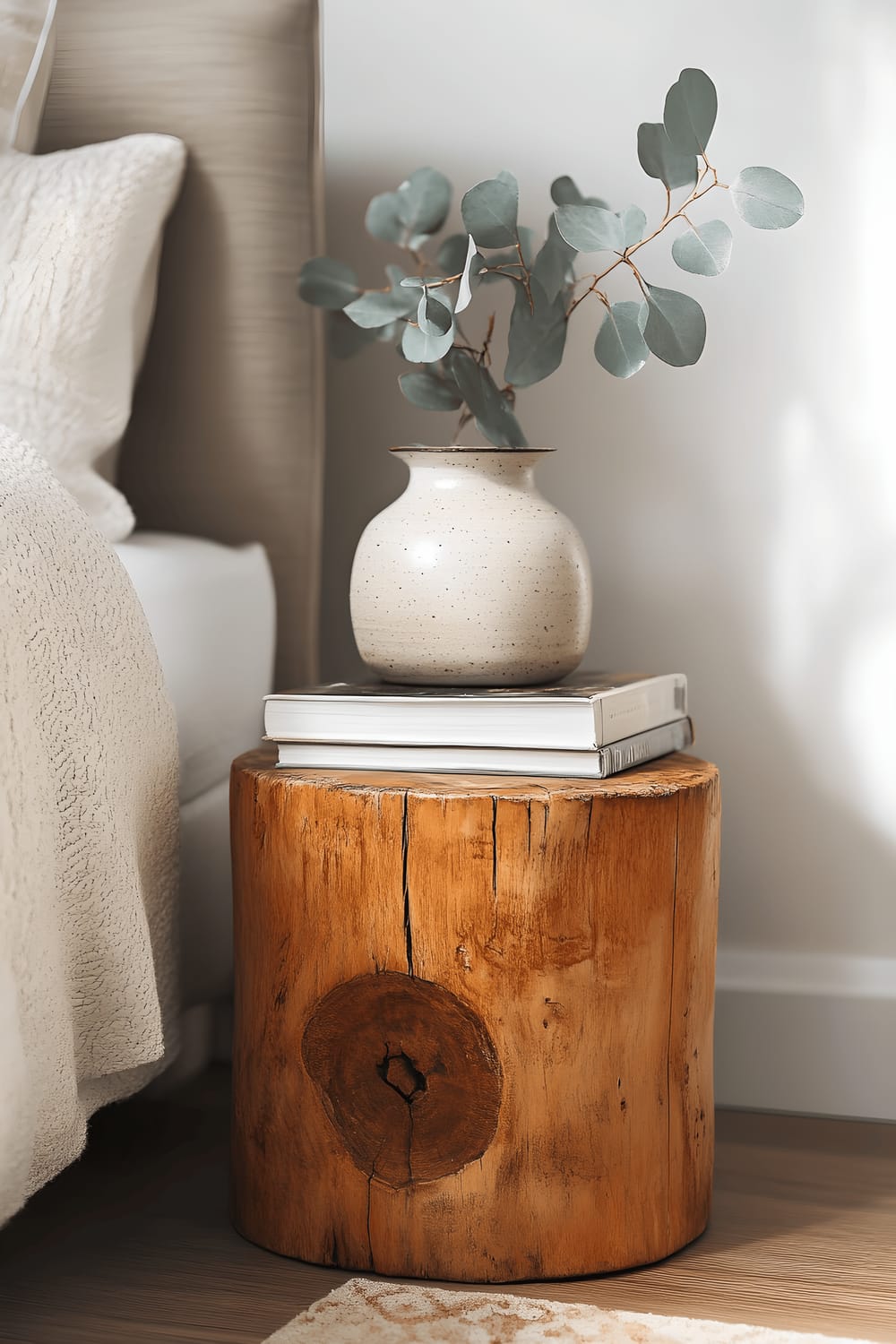 A chic do-it-yourself side table crafted from an upcycled tree stump, adorned with a simple ceramic vase and a stack of art books, is illuminated by warm morning light.